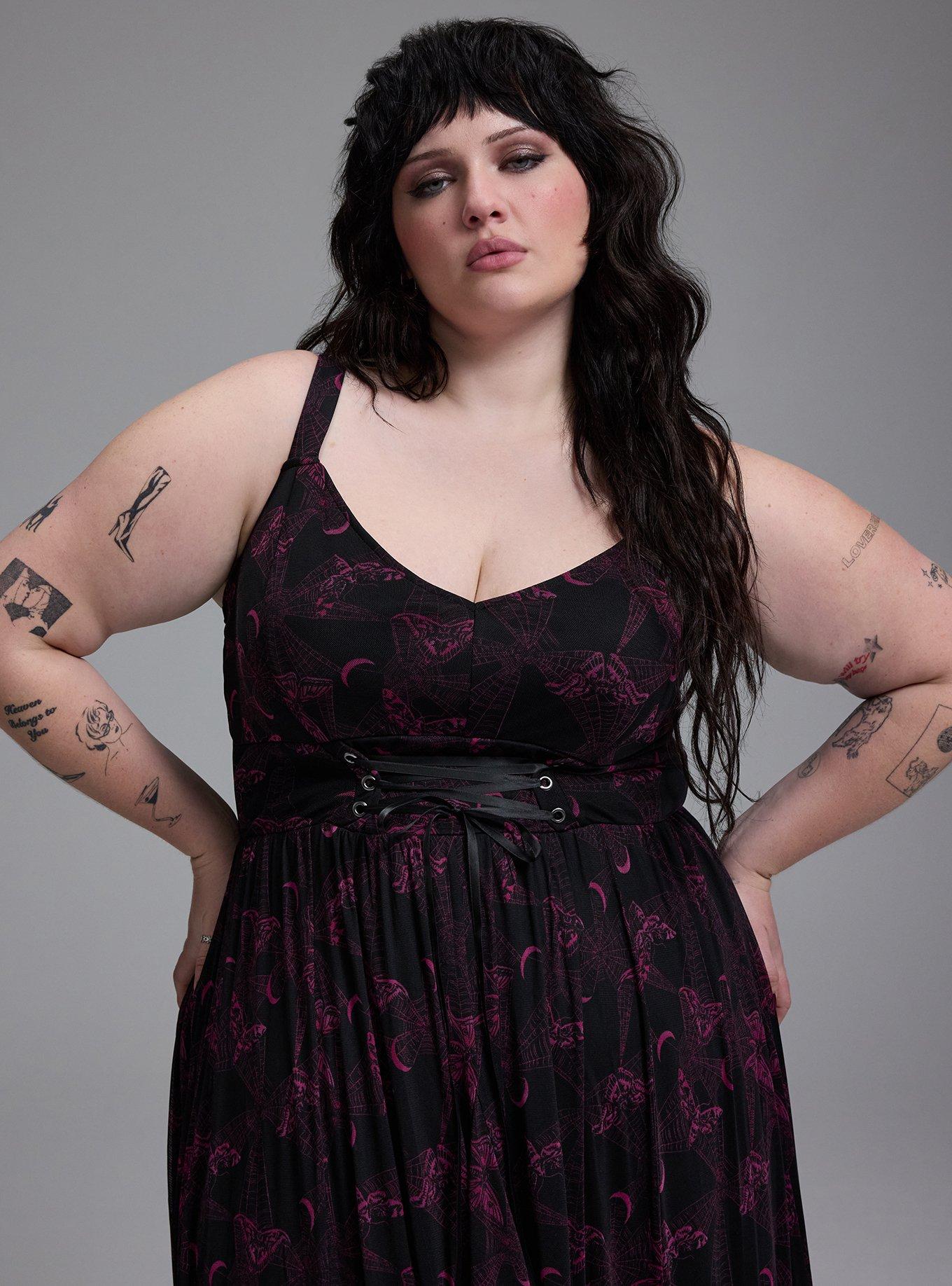 Plus Size Nightfall Layered Corset Maxi Dress, MIDNIGHT MOTHS MAGENTA DEEP BLACK, alternate