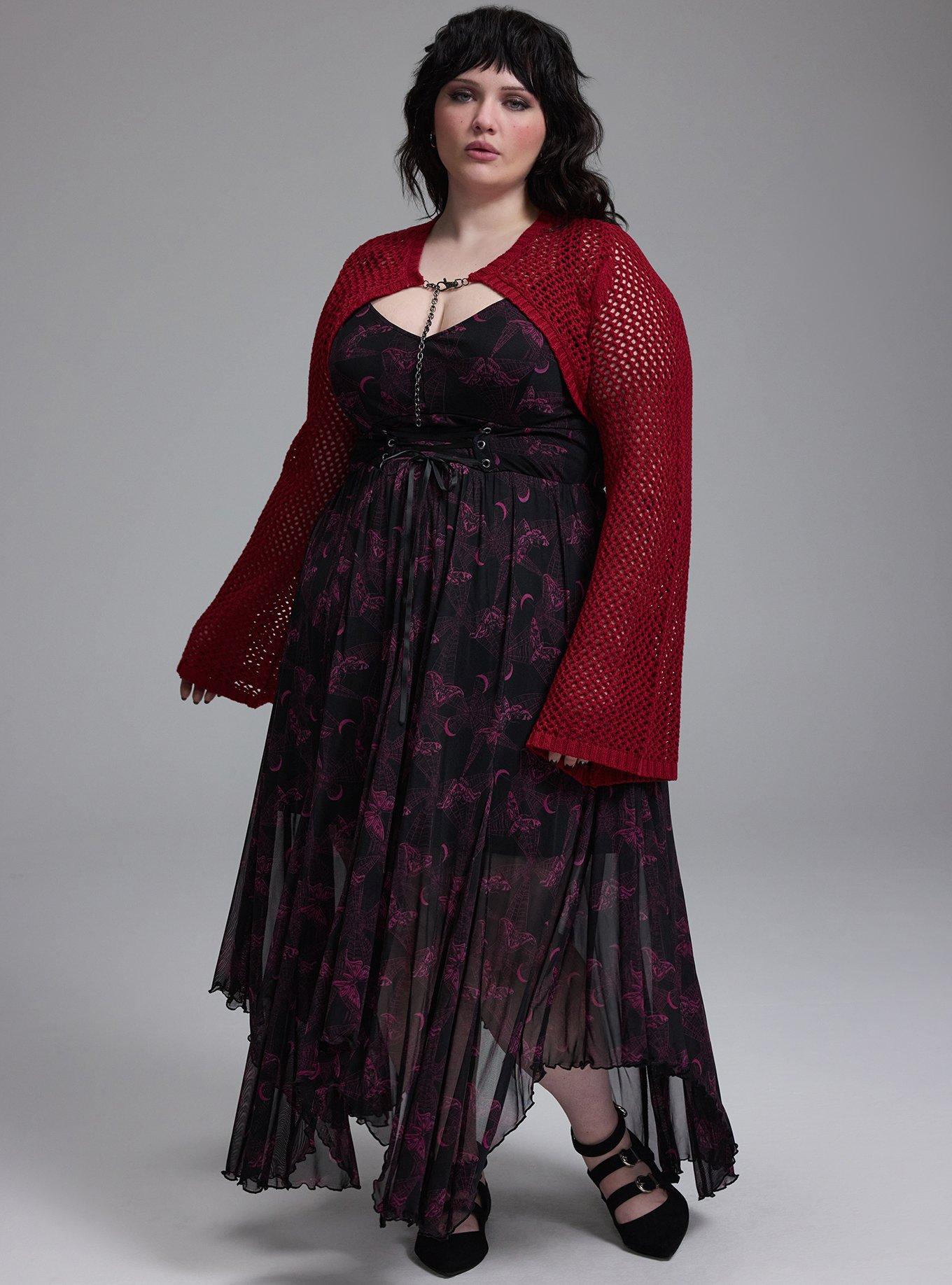 Plus Size Nightfall Layered Corset Maxi Dress, MIDNIGHT MOTHS MAGENTA DEEP BLACK, alternate