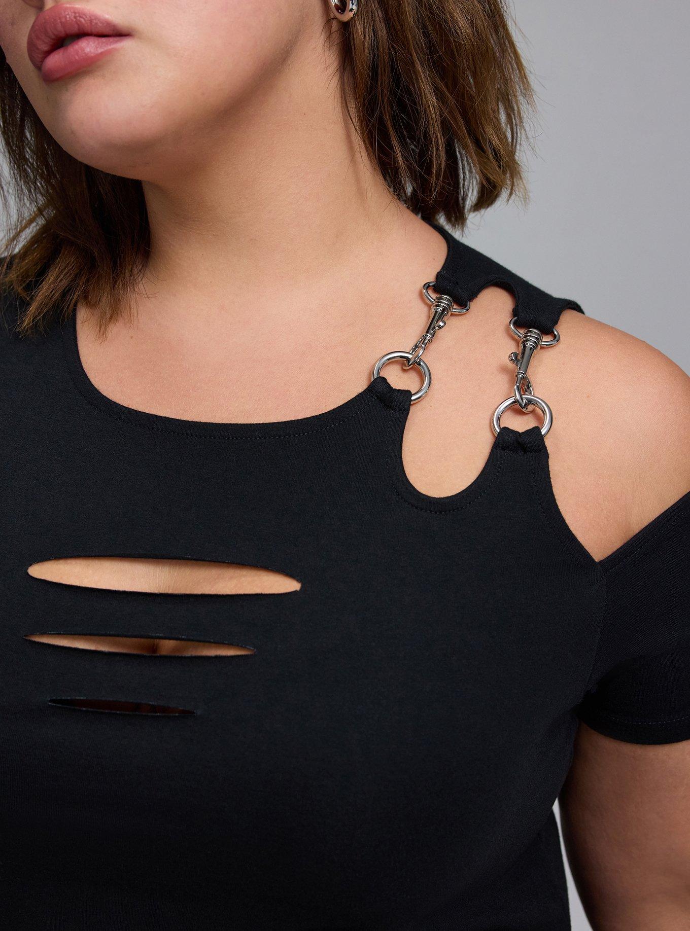 Nightfall Slash Crop Tee with Clasps, DEEP BLACK, alternate