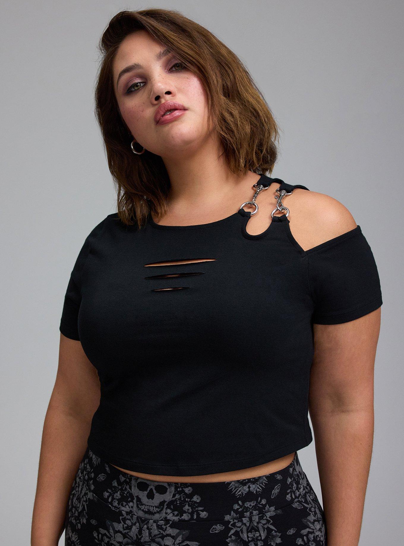 Nightfall Slash Crop Tee with Clasps, DEEP BLACK, hi-res