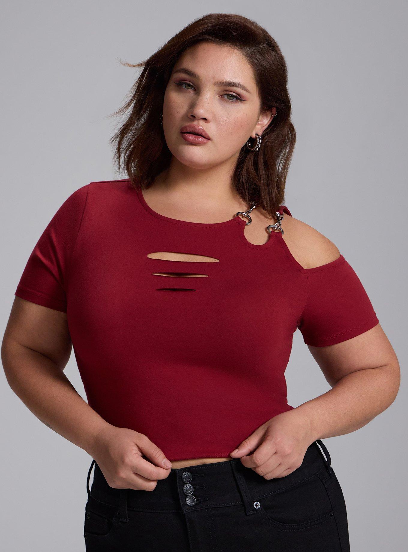 Nightfall Slash Crop Tee with Clasps, Sun Dried Tomato, hi-res