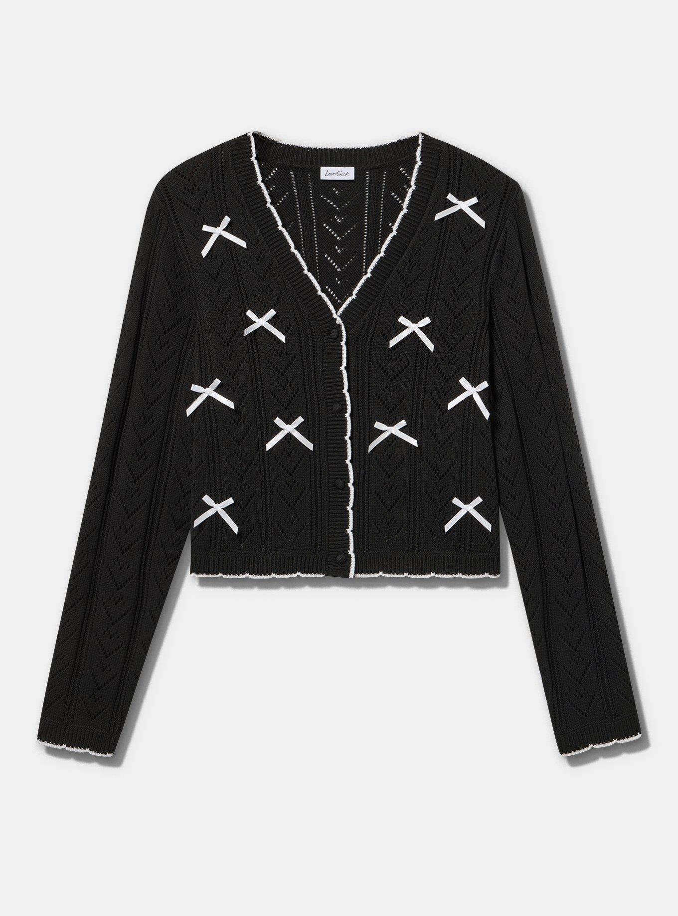 Plus Size LoveSick Bow Cardigan, DEEP BLACK, flat