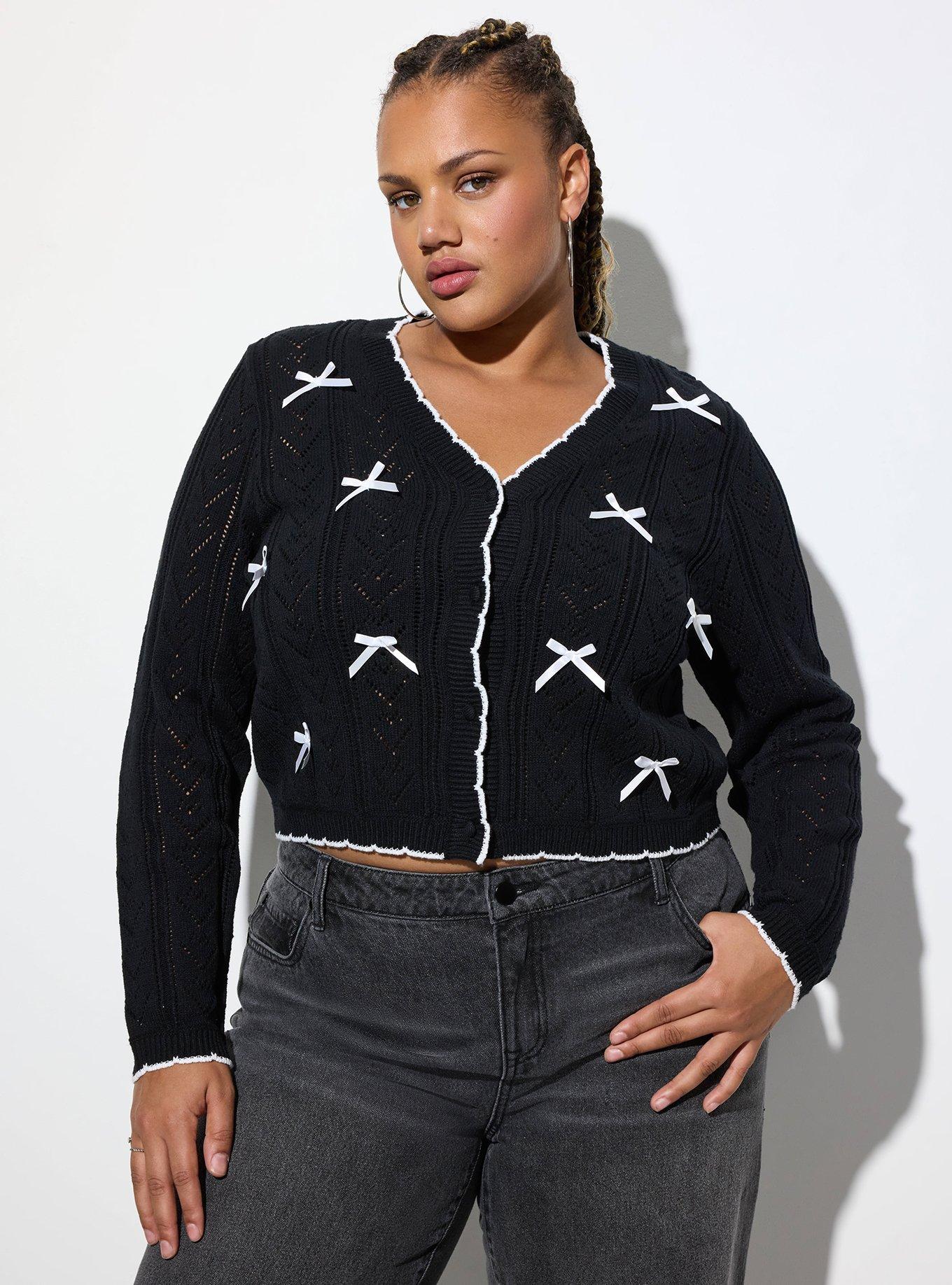 Plus Size LoveSick Bow Cardigan, DEEP BLACK, hi-res