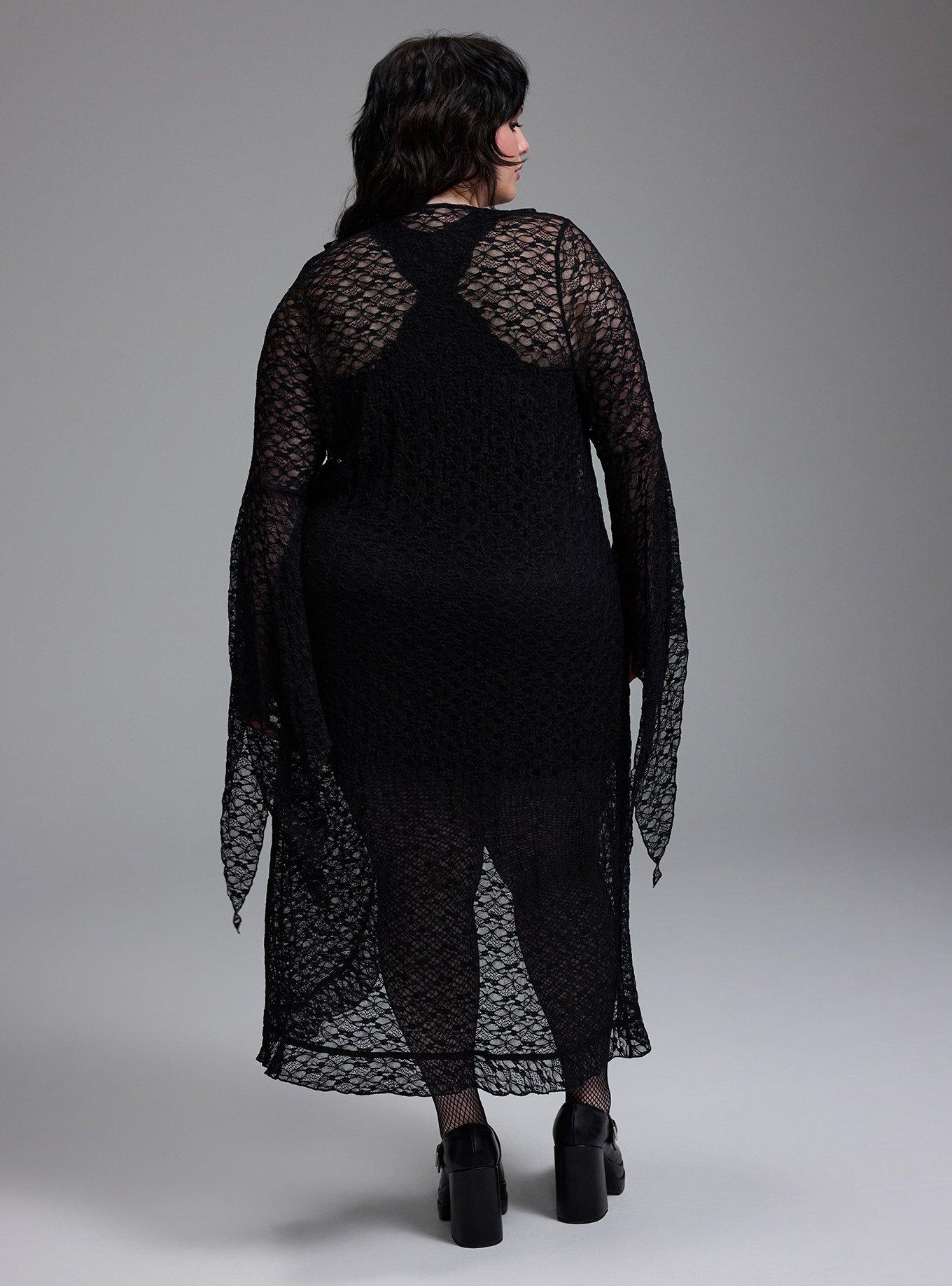 Nightfall Tie-Front Lace Bell Sleeve Kimono, DEEP BLACK, alternate