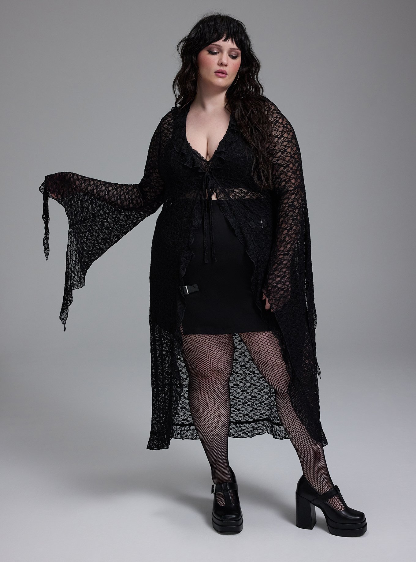 Plus Size - Nightfall Tie-Front Lace Bell Sleeve Kimono - Torrid