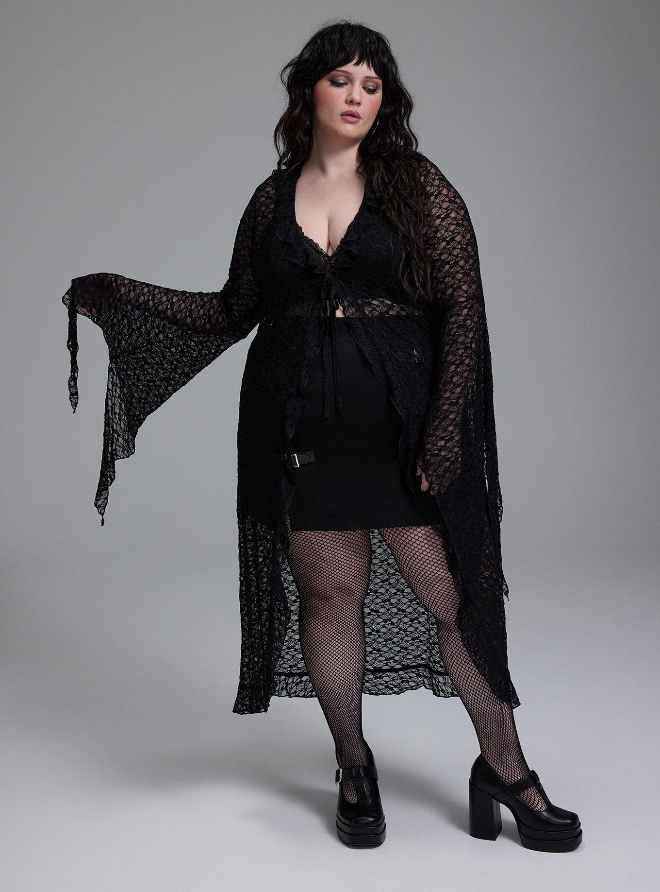 Nightfall Tie-Front Lace Bell Sleeve Kimono, DEEP BLACK, alternate