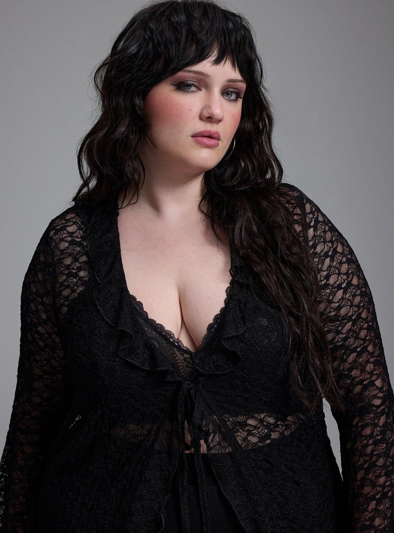 Nightfall Tie-Front Lace Bell Sleeve Kimono, DEEP BLACK, alternate