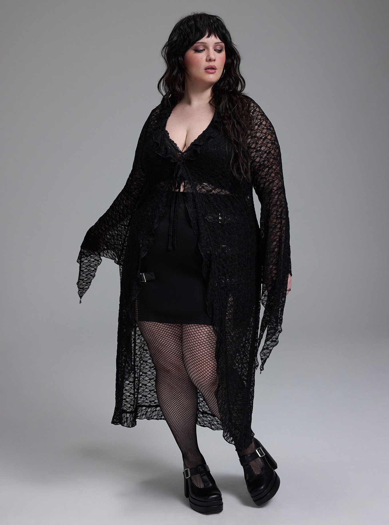 Plus Size - Nightfall Tie-Front Lace Bell Sleeve Kimono - Torrid