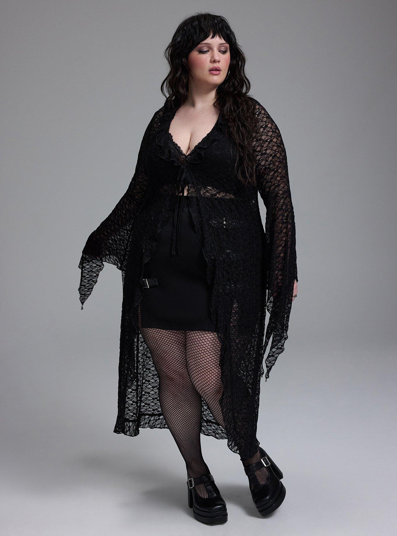 Nightfall Tie-Front Lace Bell Sleeve Kimono, DEEP BLACK, alternate