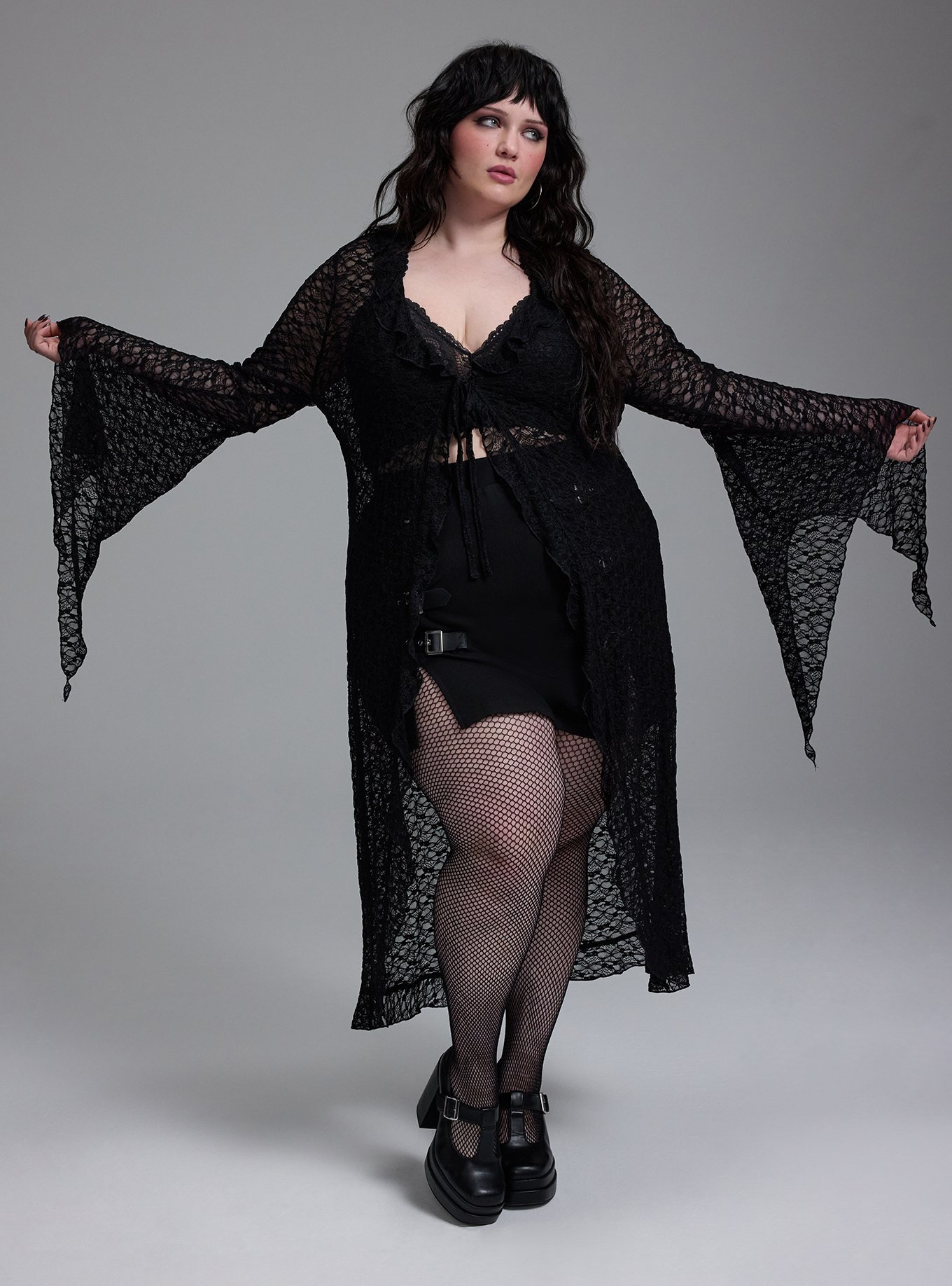 Plus Size - Nightfall Tie-Front Lace Bell Sleeve Kimono - Torrid
