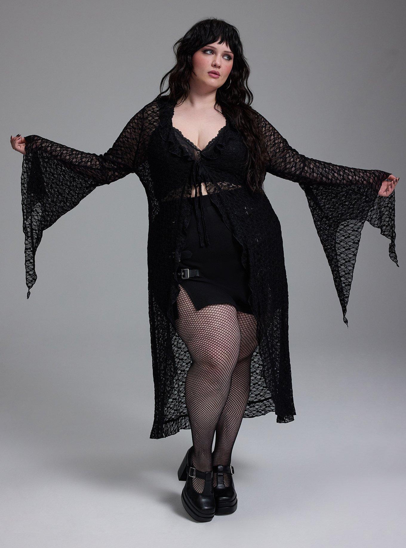 Nightfall Tie-Front Lace Bell Sleeve Kimono, DEEP BLACK, hi-res