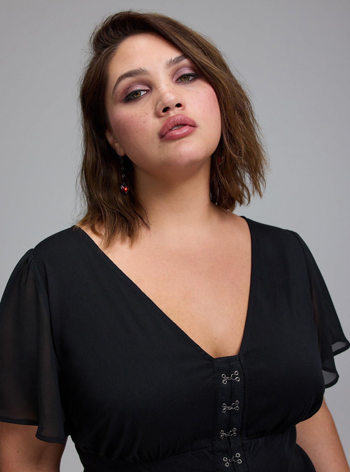 Nightfall Cross-Front Mesh Bell Sleeve Top, DEEP BLACK, alternate