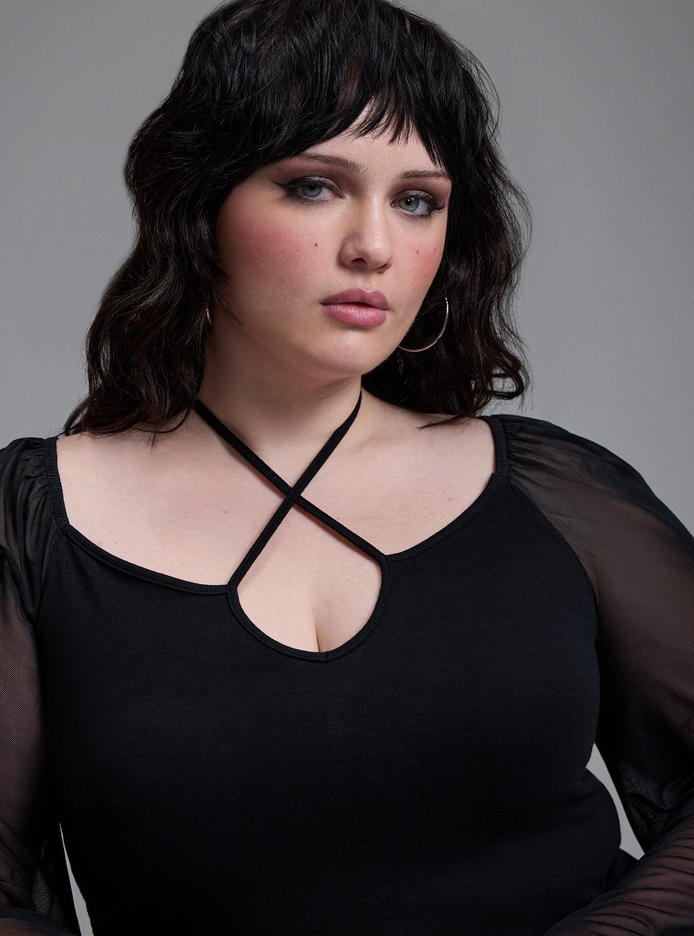 Nightfall Cross-Front Mesh Bell Sleeve Top, DEEP BLACK, alternate