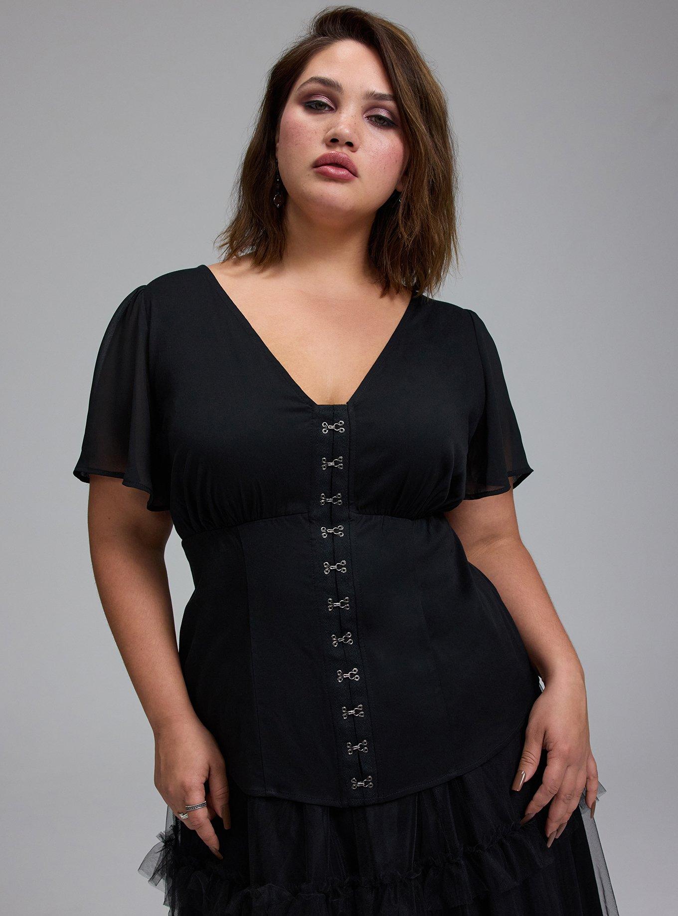 Nightfall Cross-Front Mesh Bell Sleeve Top, DEEP BLACK, hi-res