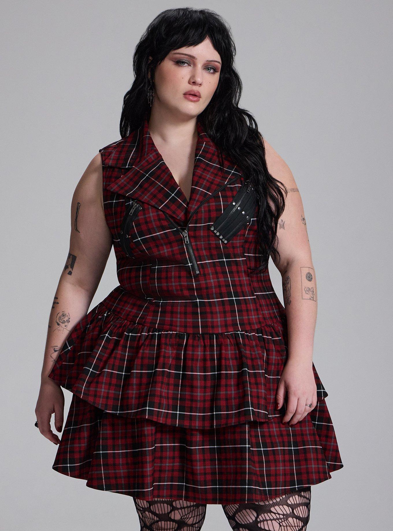 Nightfall Drop Waist Zipper Mini Dress, COVEN PLAID RED, hi-res