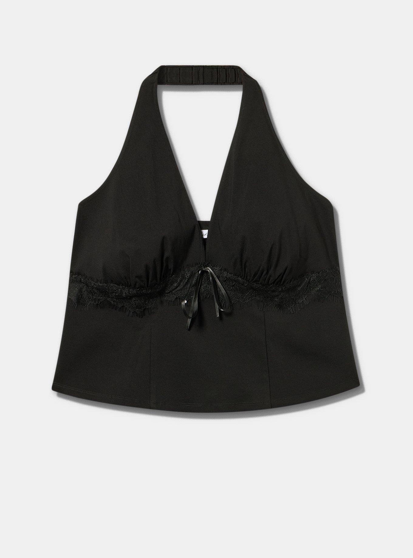Plus Size LoveSick Lace Trim Halter Top, DEEP BLACK, flat