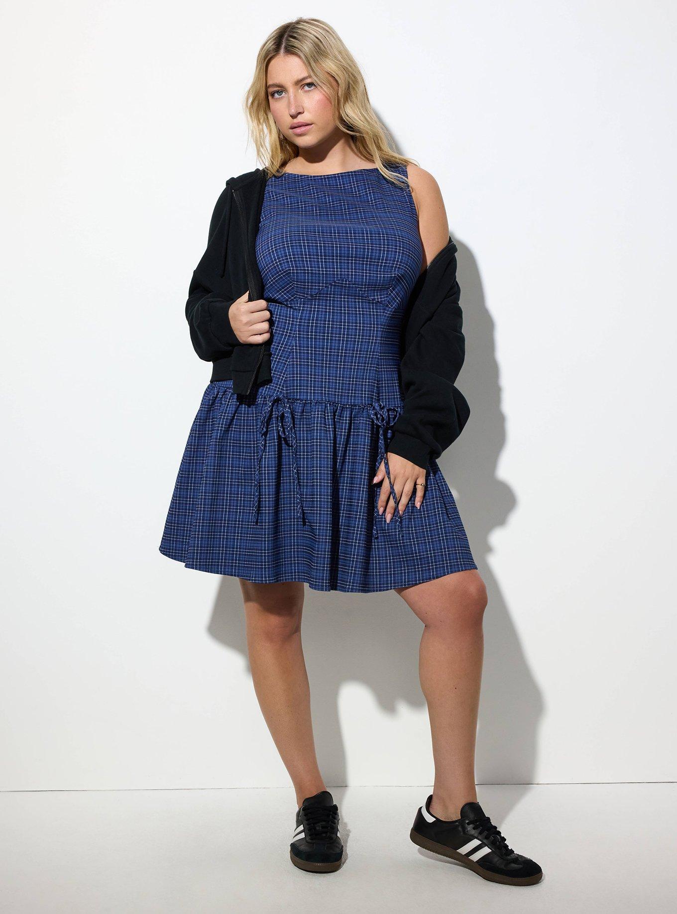 LoveSick Drop Waist Bow Detail Mini Dress, PRATT PLAID BLUE, alternate