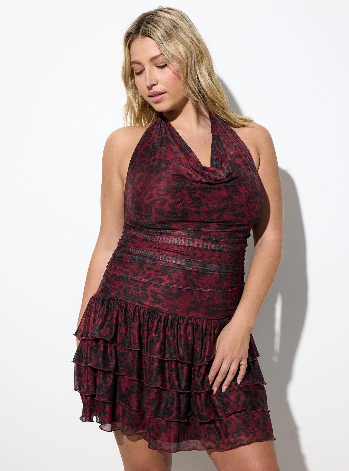 Plus Size LoveSick Cowl Neck Tiered Mini Dress, ANIMAL PATTERN RED, alternate