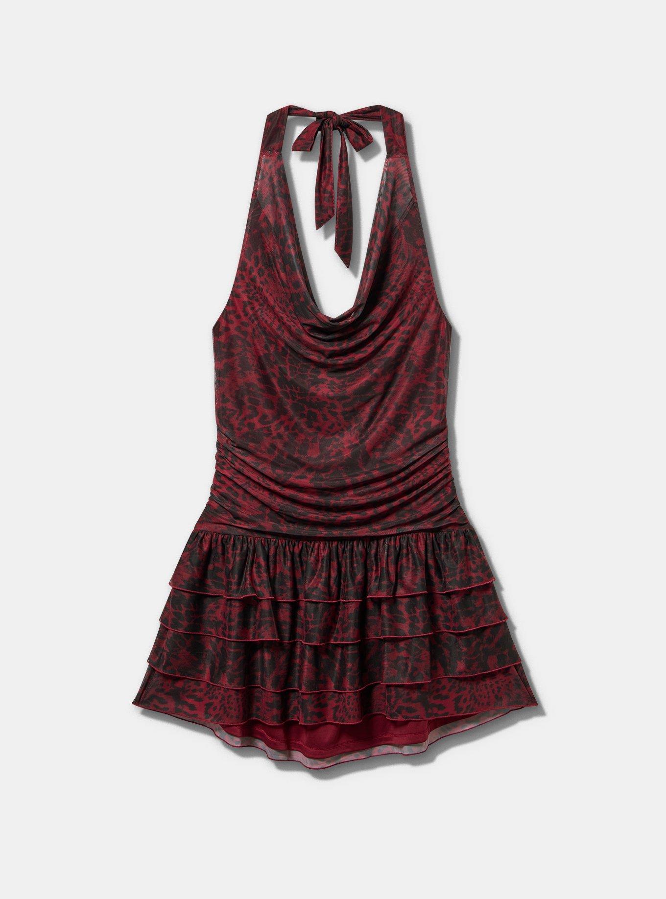LoveSick Cowl Neck Tiered Mini Dress, ANIMAL PATTERN RED, flat