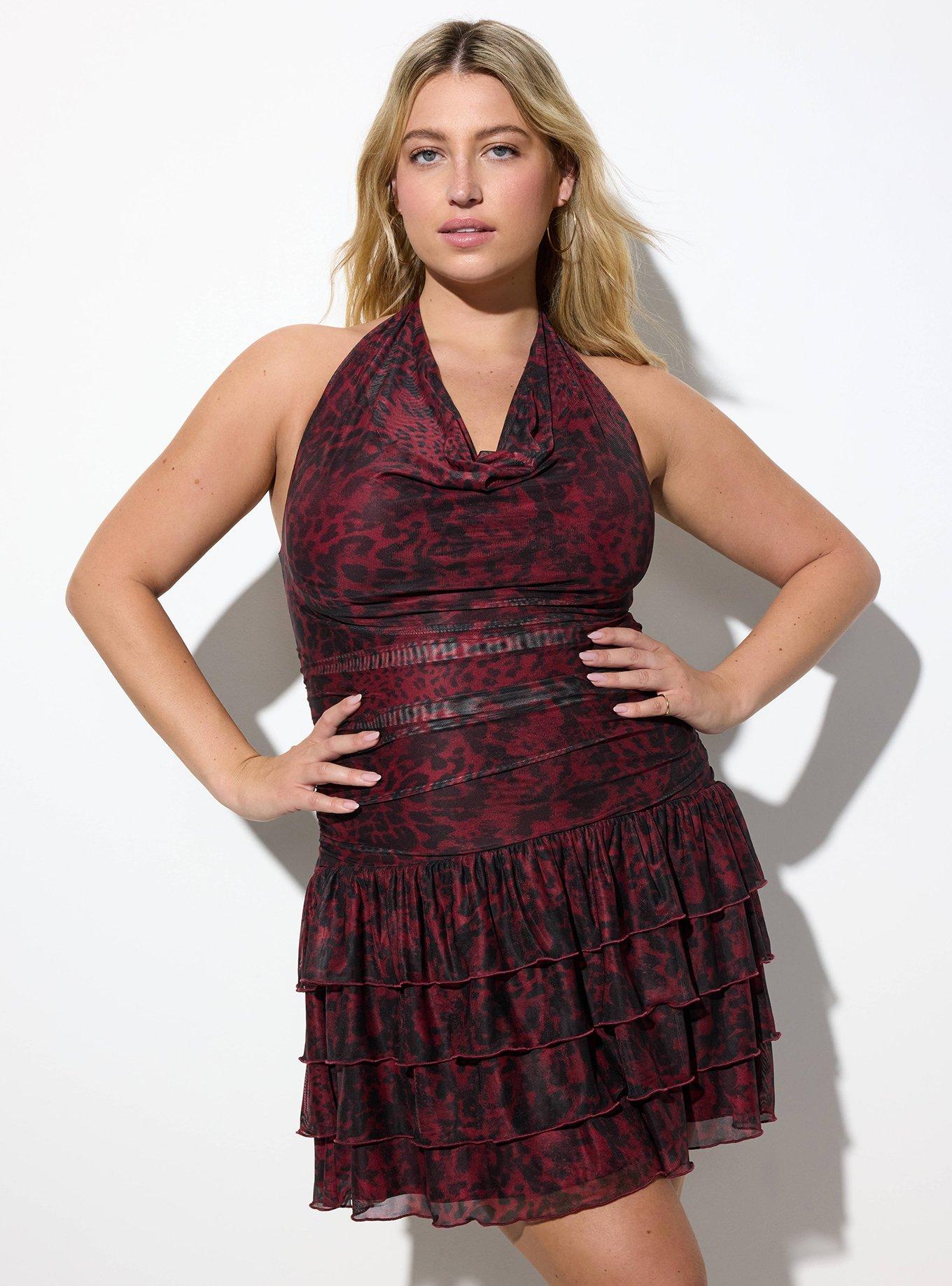 Plus Size LoveSick Cowl Neck Tiered Mini Dress, ANIMAL PATTERN RED, hi-res