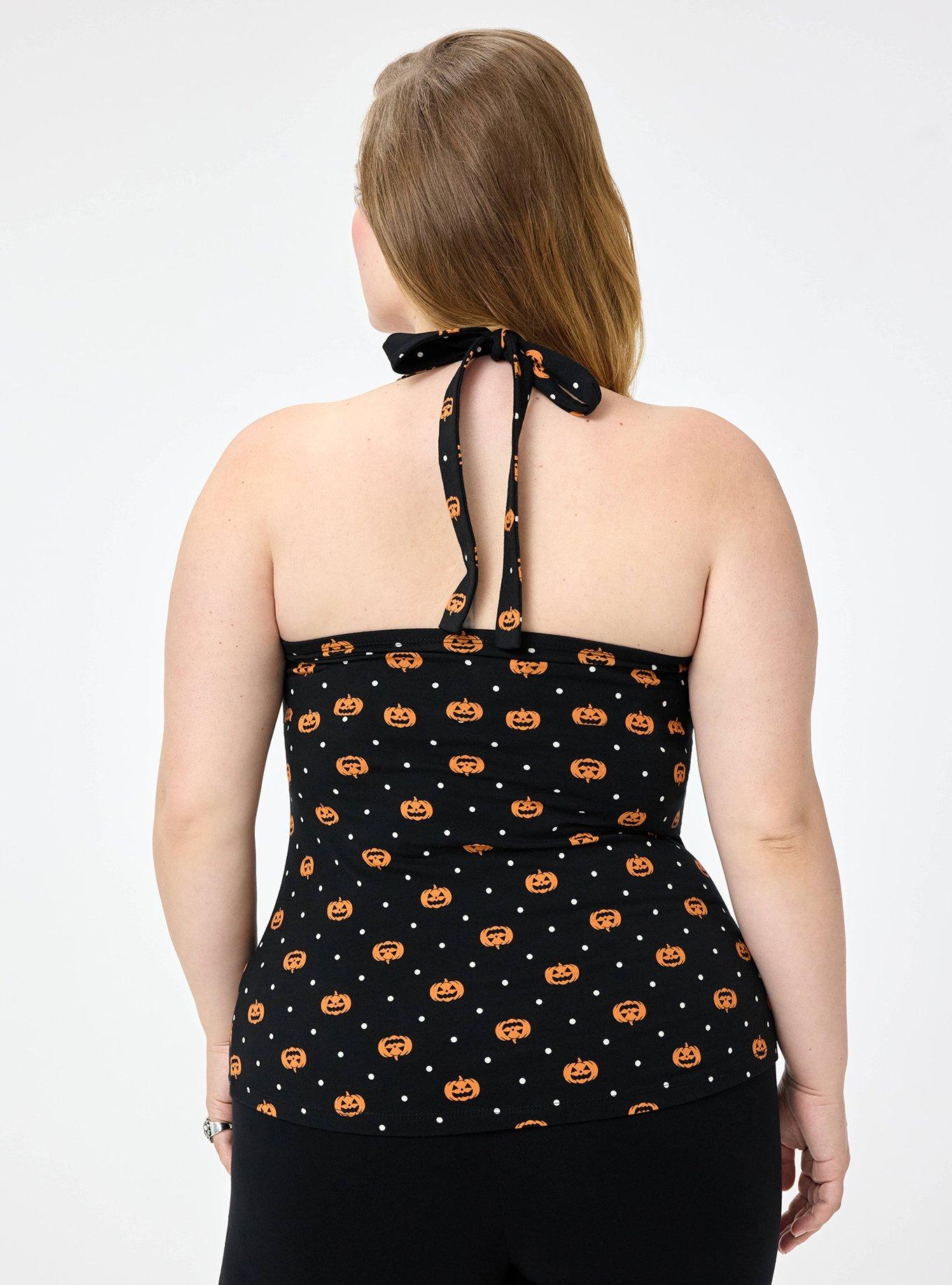 Plus Size Retro Chic Halter Front Twist Top, PUMPKIN DOTS DEEP BLACK, alternate