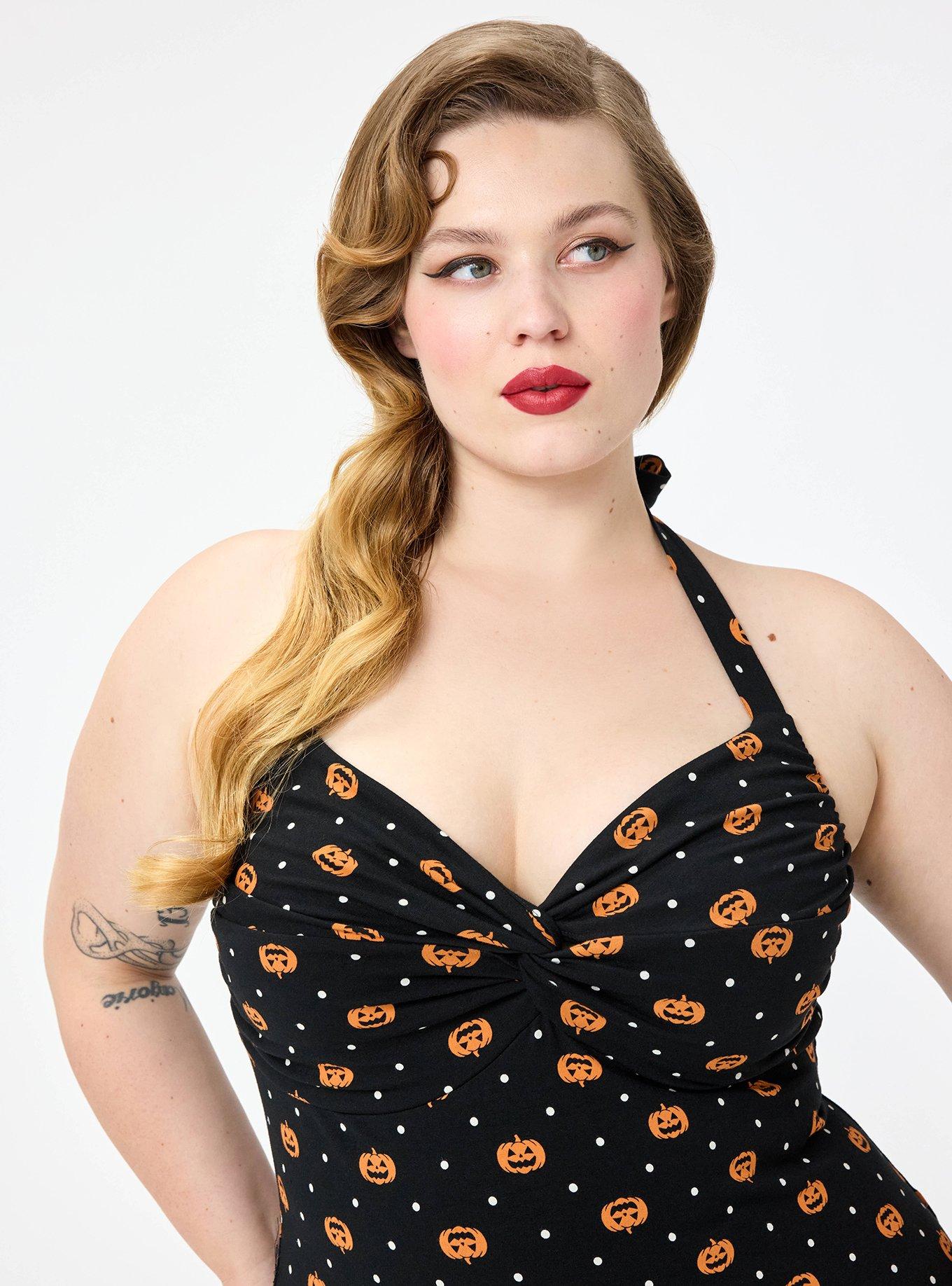 Plus Size Retro Chic Halter Front Twist Top, PUMPKIN DOTS DEEP BLACK, alternate