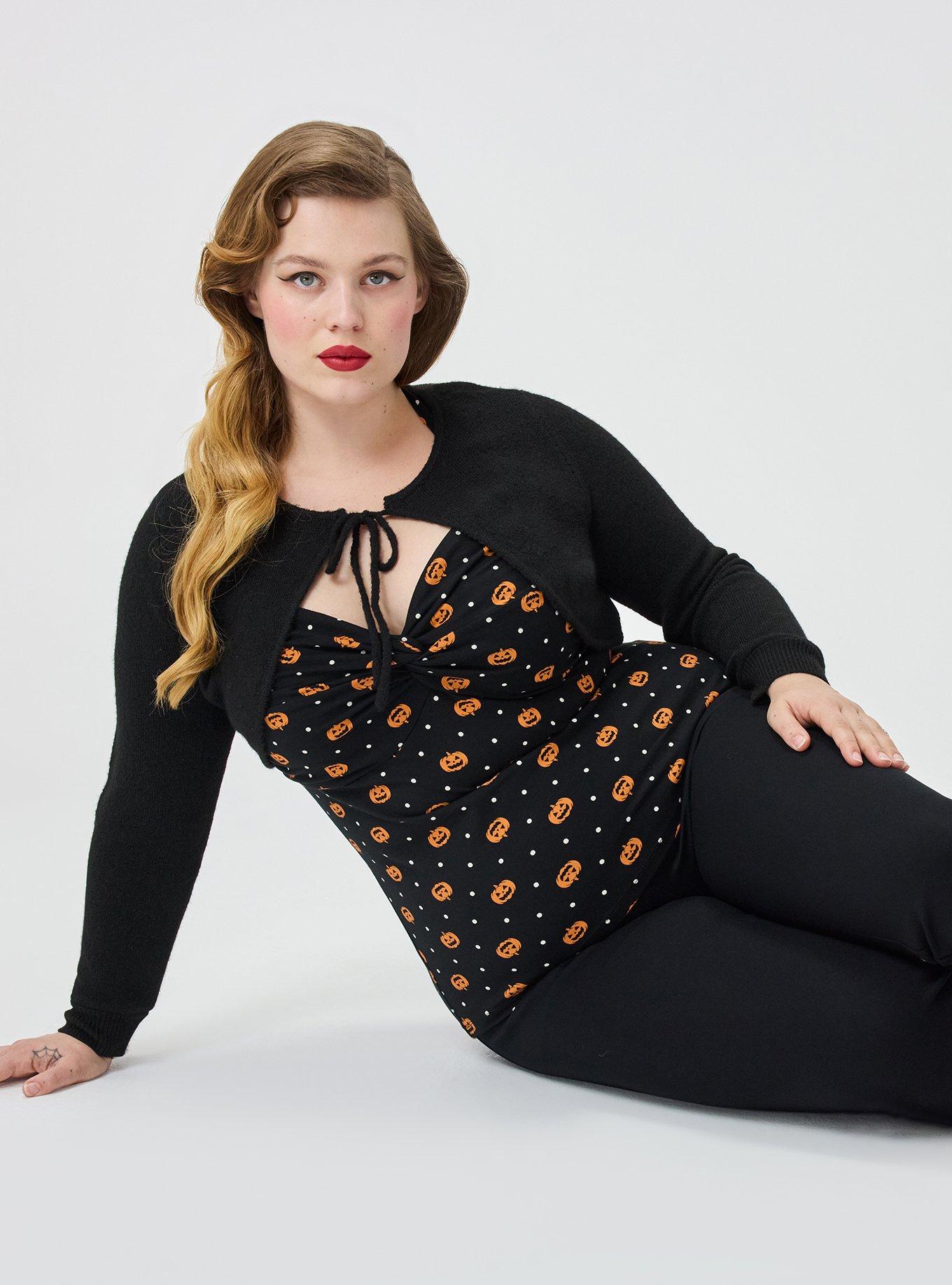 Plus Size Retro Chic Halter Front Twist Top, PUMPKIN DOTS DEEP BLACK, alternate