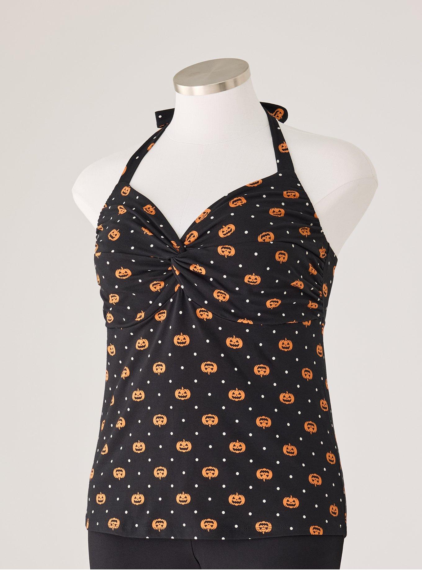 Plus Size Retro Chic Halter Front Twist Top, PUMPKIN DOTS DEEP BLACK, flat