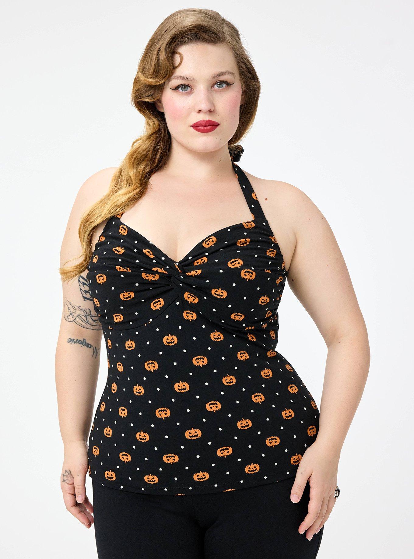 Plus Size Retro Chic Halter Front Twist Top, PUMPKIN DOTS DEEP BLACK, hi-res