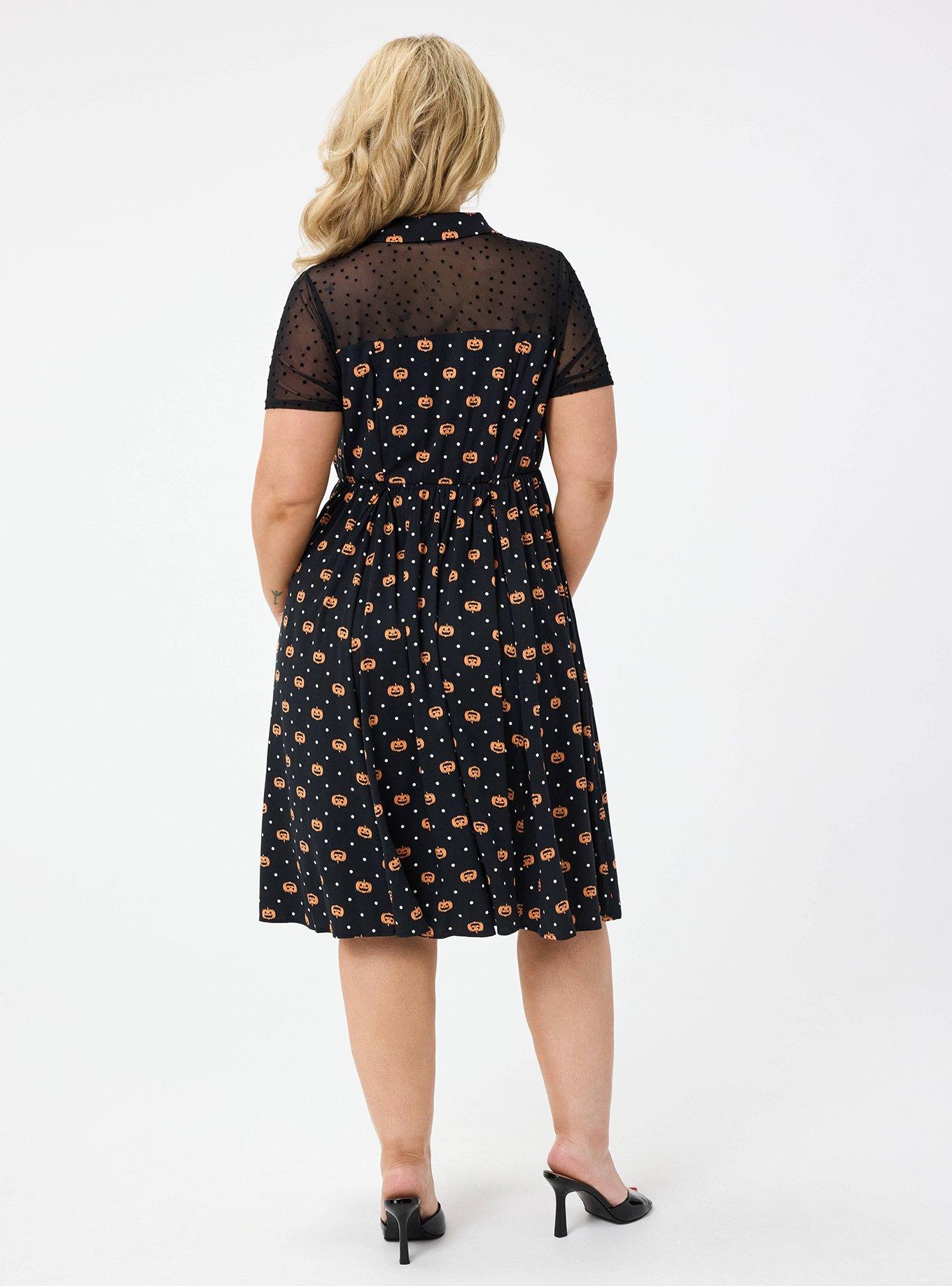 Retro Chic Collared Illusion Sweetheart Midi Dress, PUMPKIN DOTS DEEP BLACK, alternate