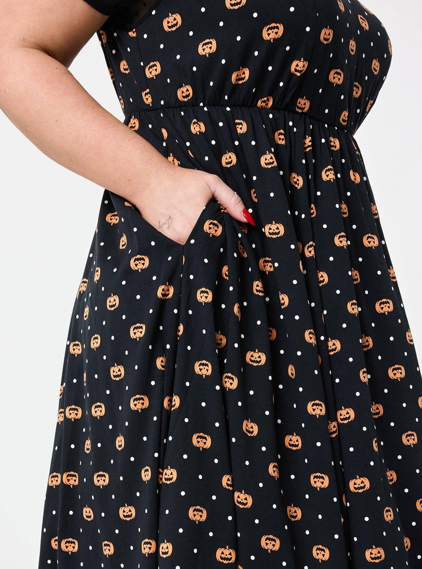 Retro Chic Collared Illusion Sweetheart Midi Dress, PUMPKIN DOTS DEEP BLACK, alternate