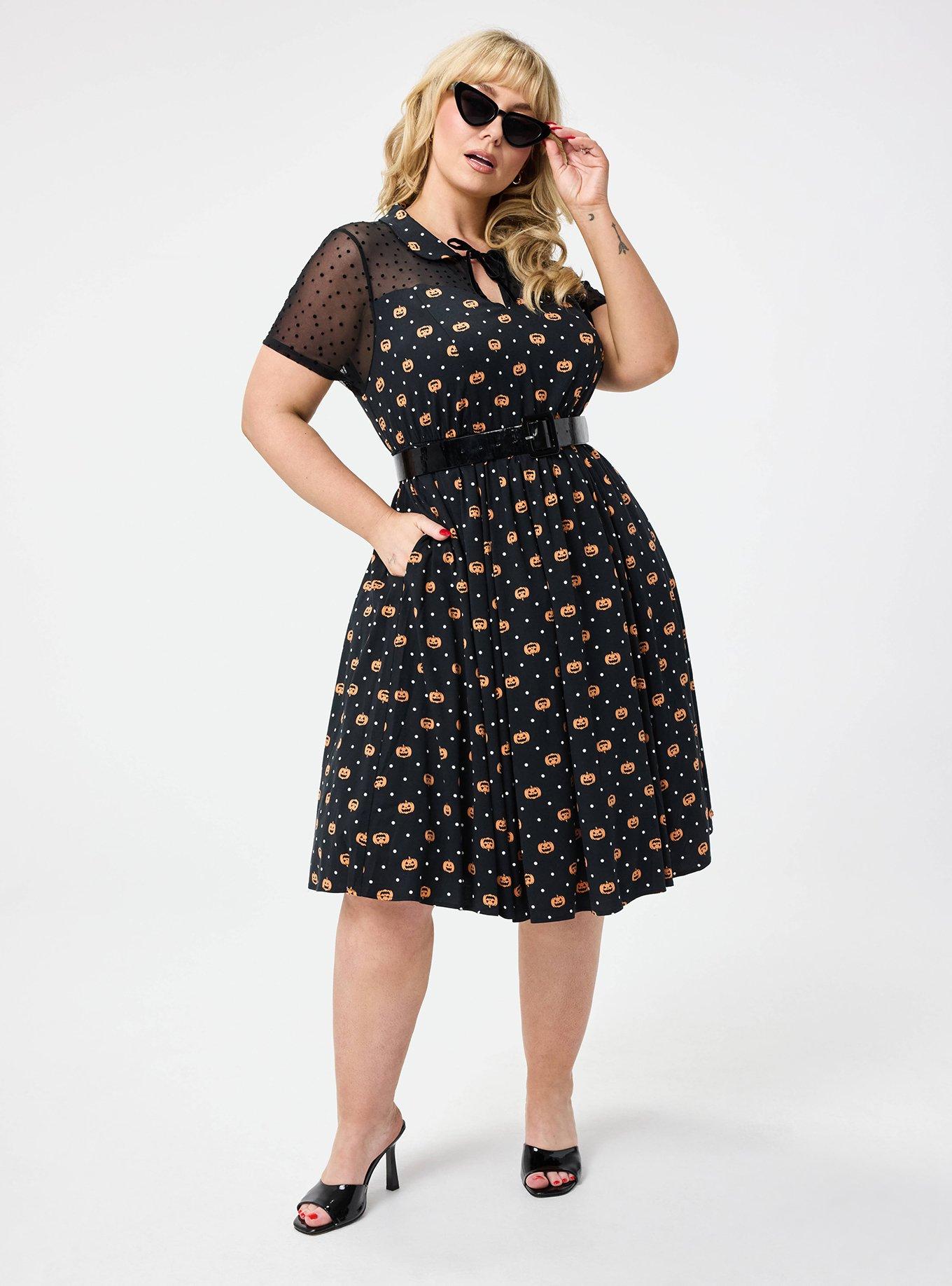 Retro Chic Collared Illusion Sweetheart Midi Dress, PUMPKIN DOTS DEEP BLACK, alternate