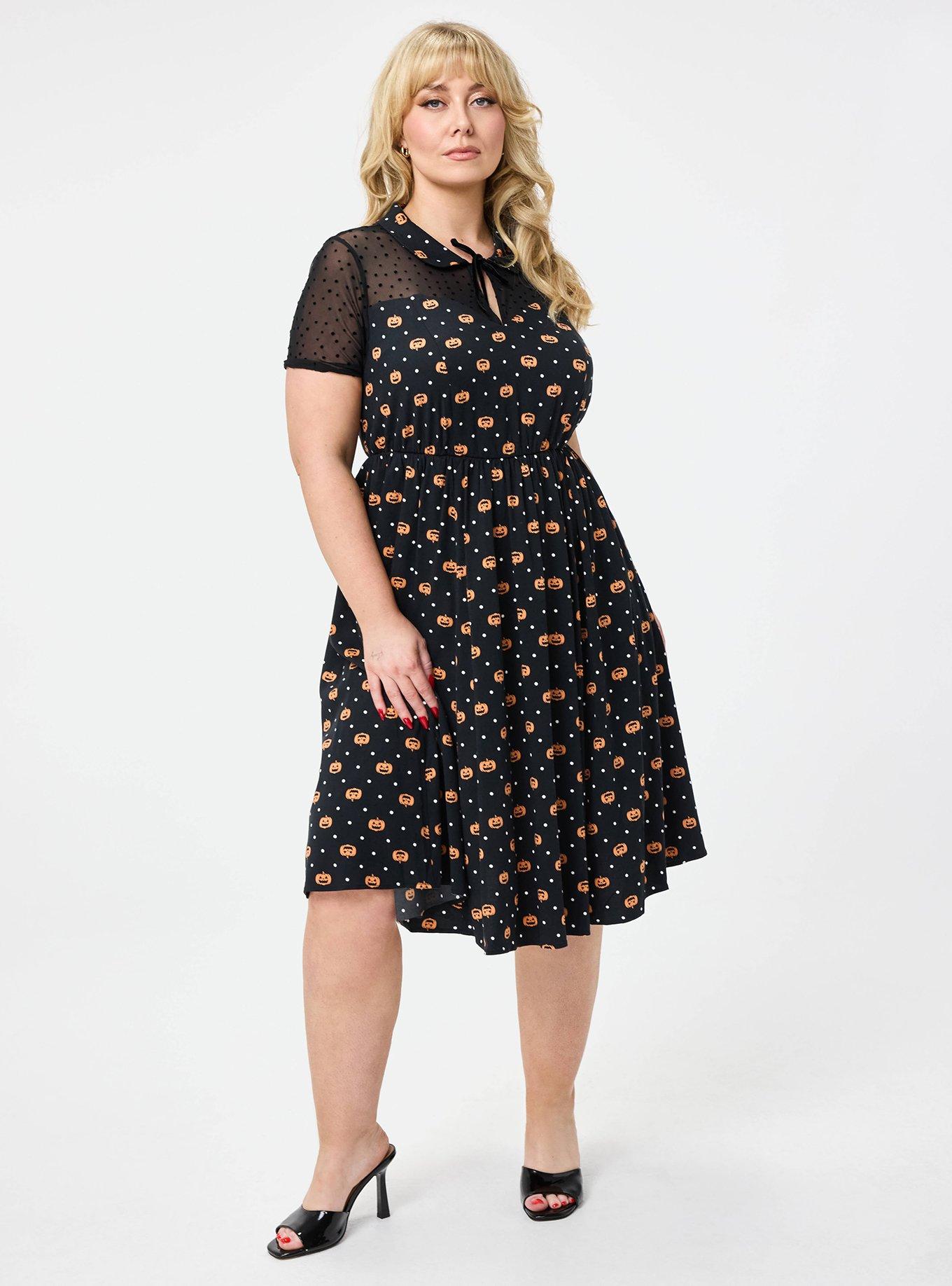 Retro Chic Collared Illusion Sweetheart Midi Dress, PUMPKIN DOTS DEEP BLACK, hi-res
