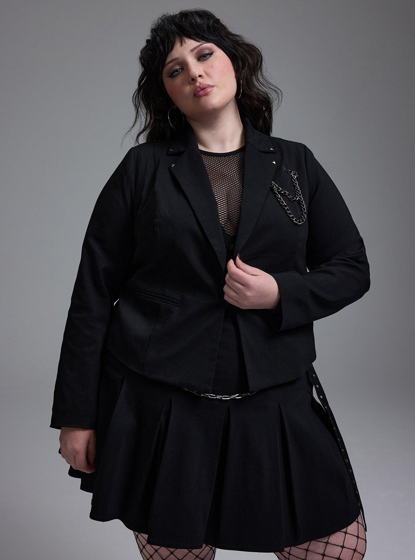 Plus Size Nightfall Chain Detail Cropped Blazer, DEEP BLACK, hi-res