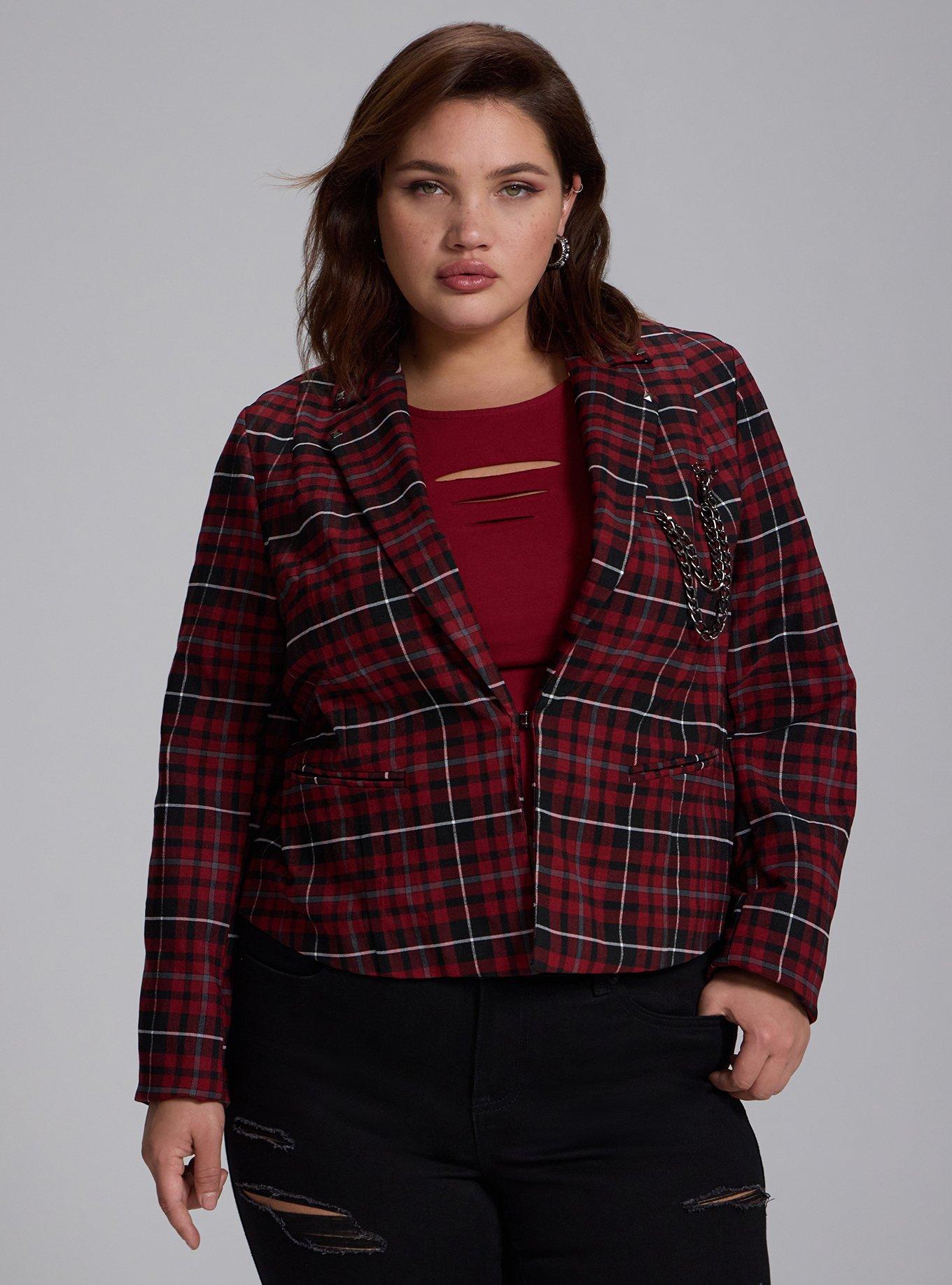 Plus Size Nightfall Chain Detail Cropped Blazer, COVEN PLAID RED, alternate