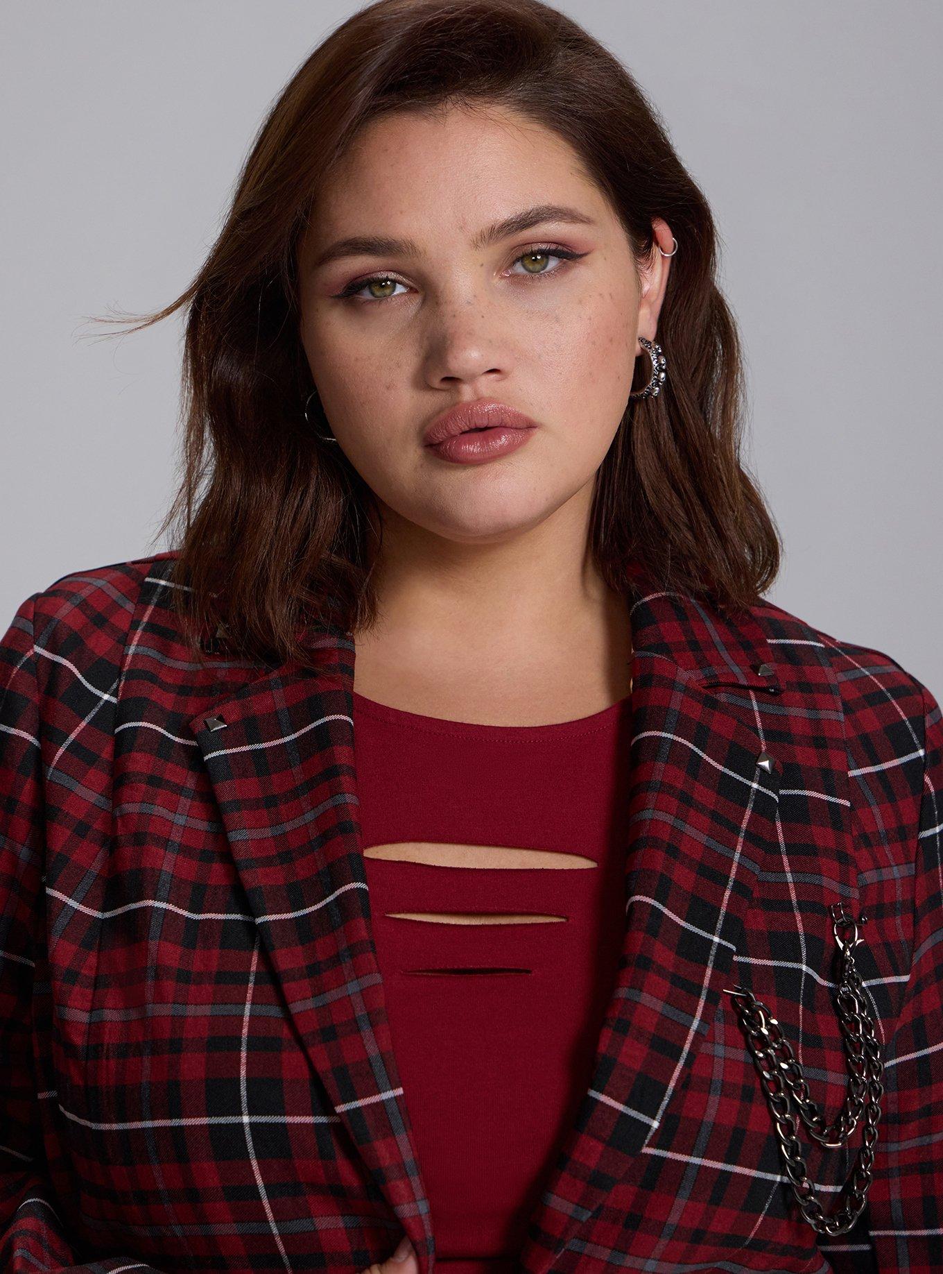 Plus Size Nightfall Chain Detail Cropped Blazer, COVEN PLAID RED, alternate