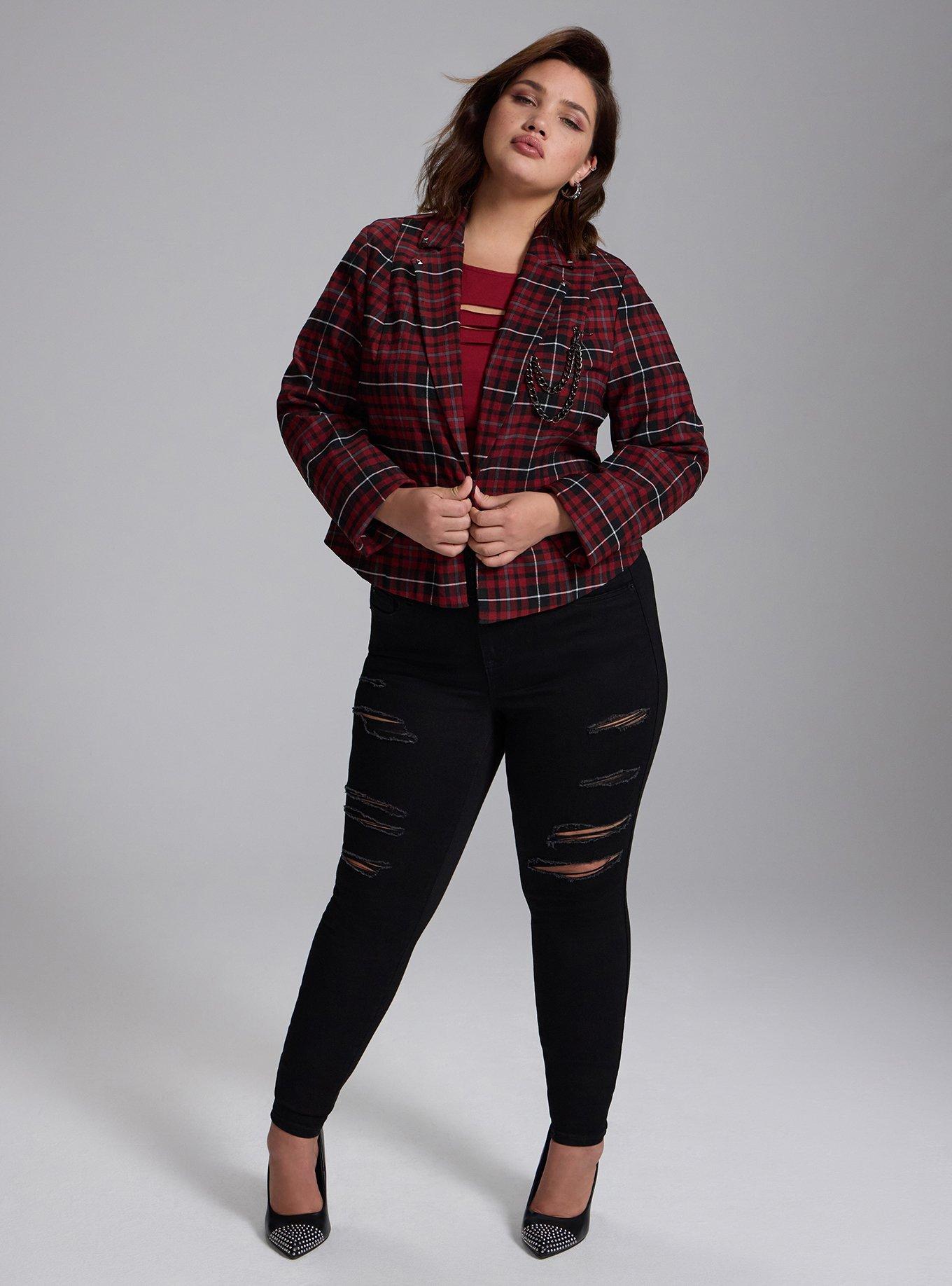 Plus Size Nightfall Chain Detail Cropped Blazer, COVEN PLAID RED, alternate