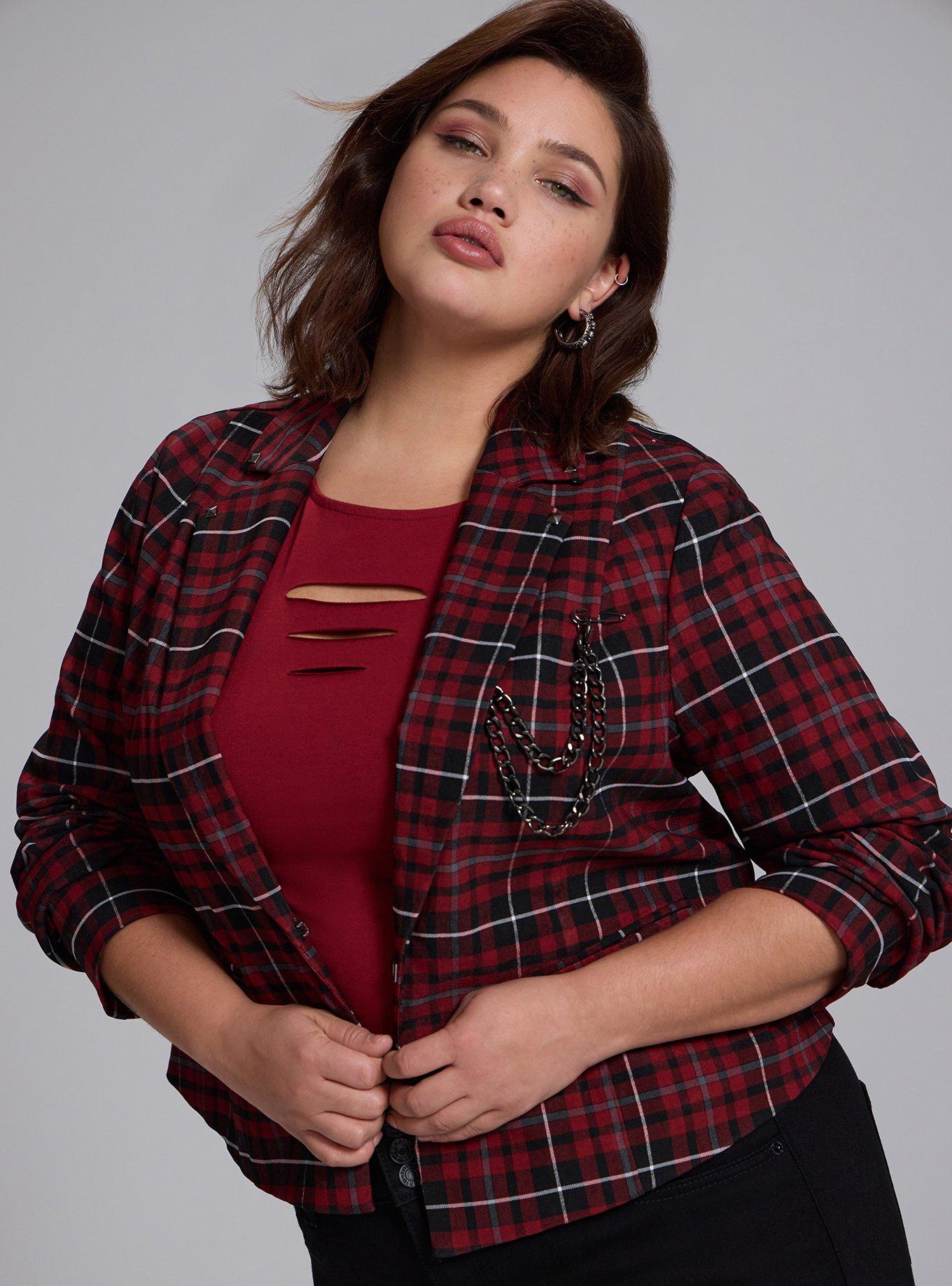 Plus Size Nightfall Chain Detail Cropped Blazer, COVEN PLAID RED, hi-res