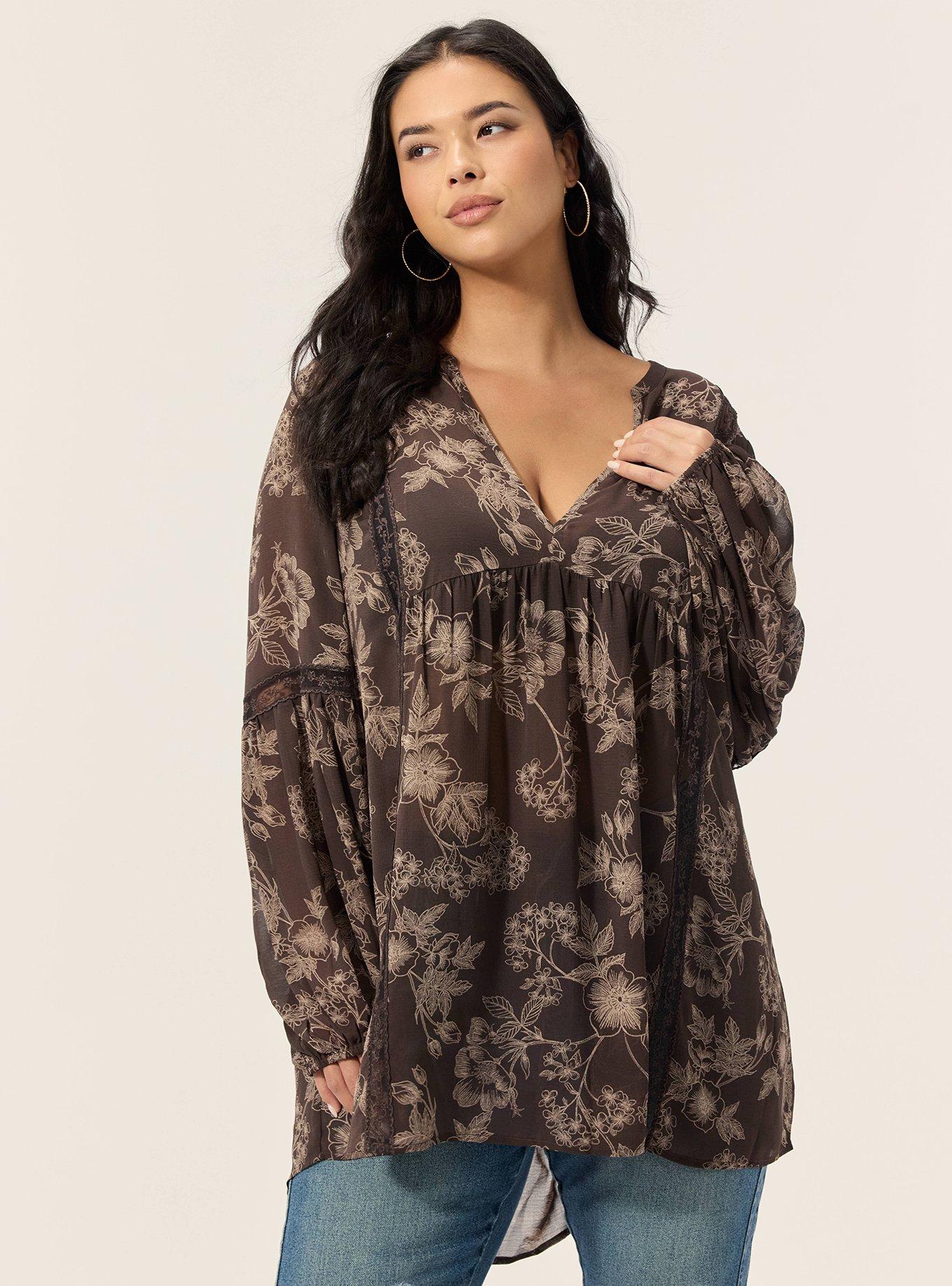 Festi Inset Trim Tunic, WOODROW FLORAL BROWN, hi-res