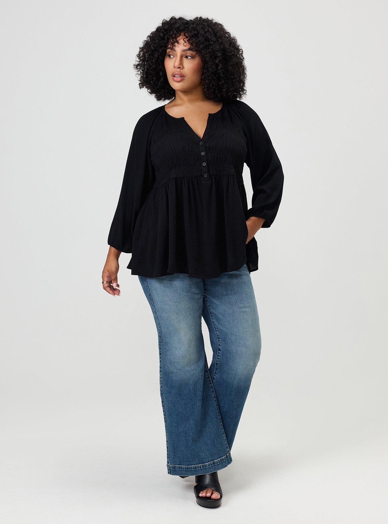 Plus Size Gauze Babydoll Henley 3/4 Sleeve, DEEP BLACK, alternate