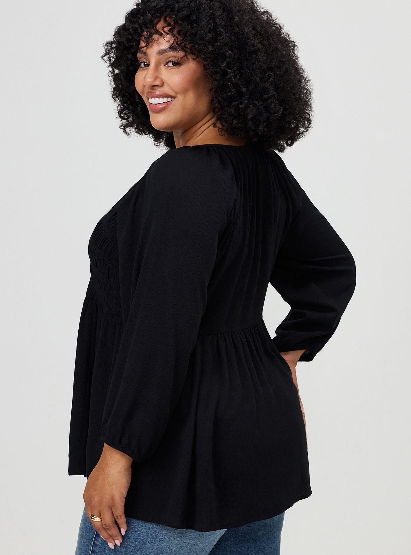 Plus Size Gauze Babydoll Henley 3/4 Sleeve, DEEP BLACK, alternate