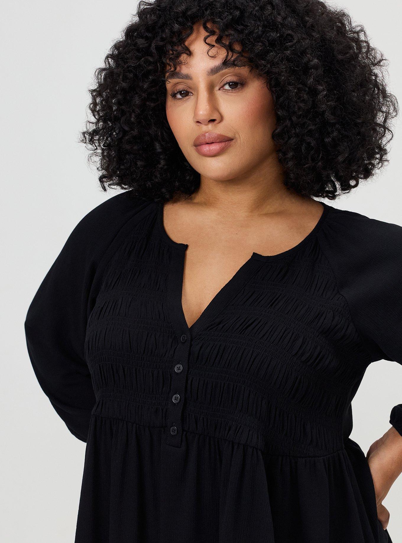 Plus Size Gauze Babydoll Henley 3/4 Sleeve, DEEP BLACK, alternate