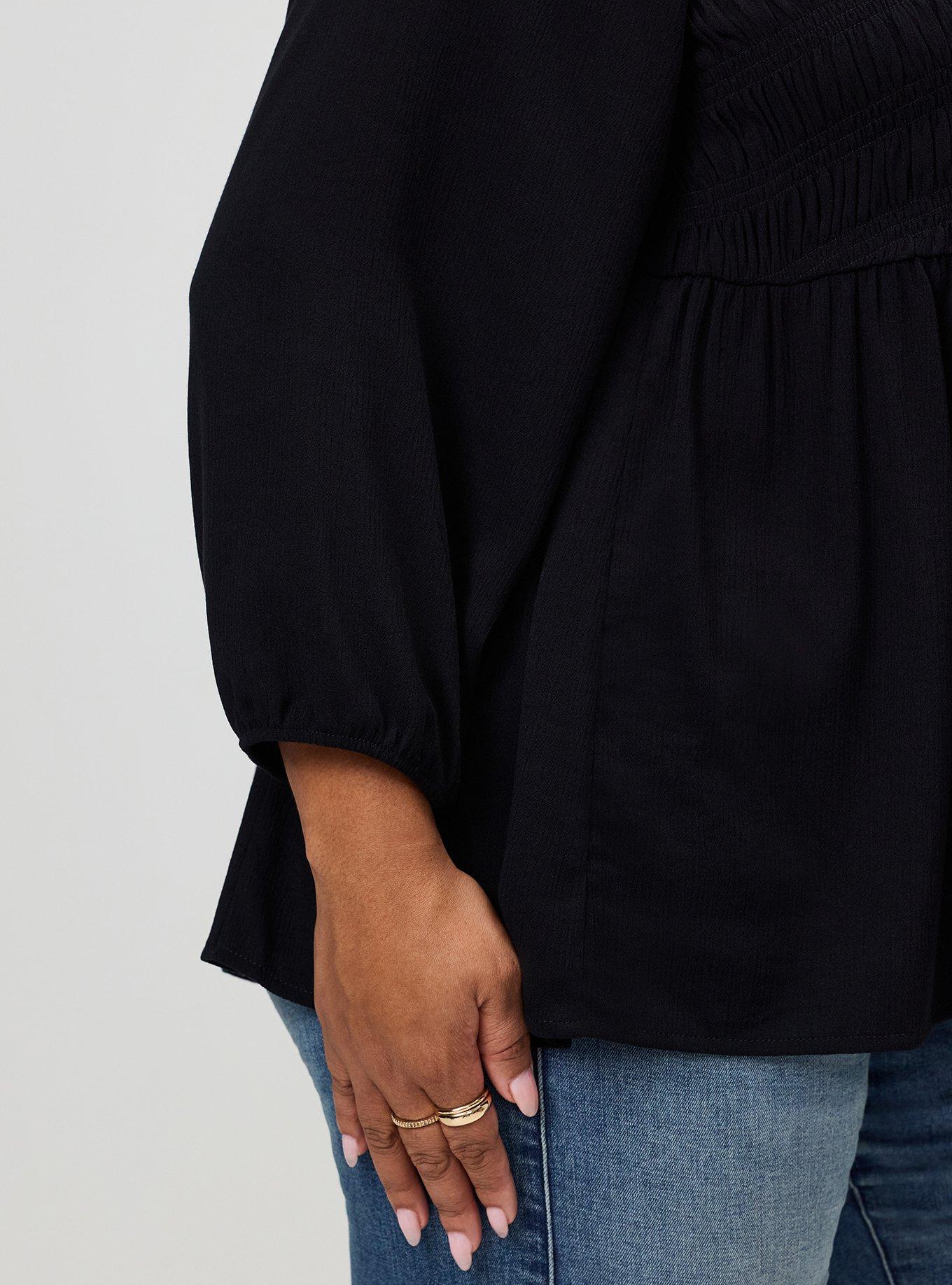 Plus Size Gauze Babydoll Henley 3/4 Sleeve, DEEP BLACK, alternate