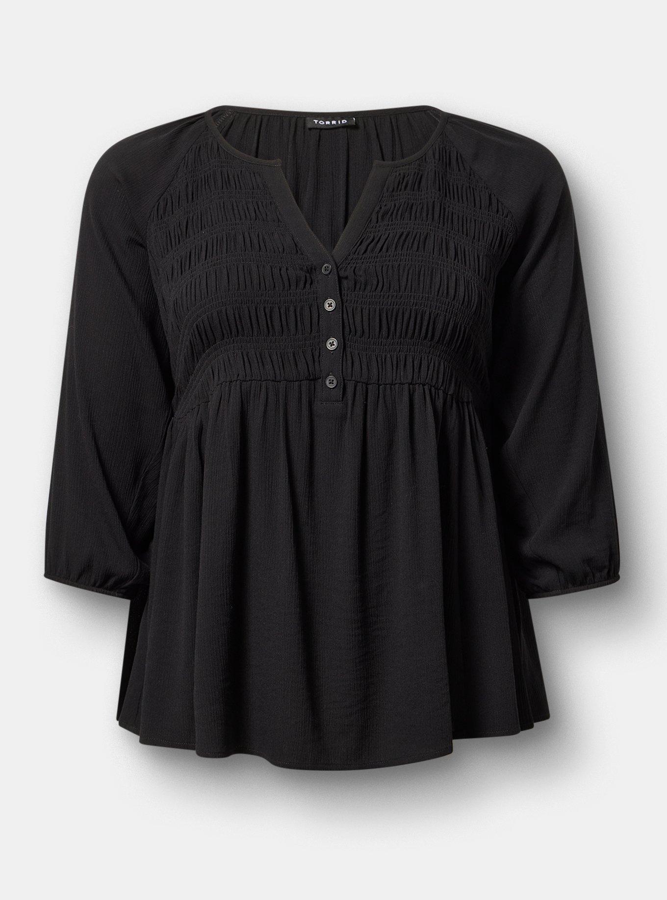 Plus Size Gauze Babydoll Henley 3/4 Sleeve, DEEP BLACK, hi-res