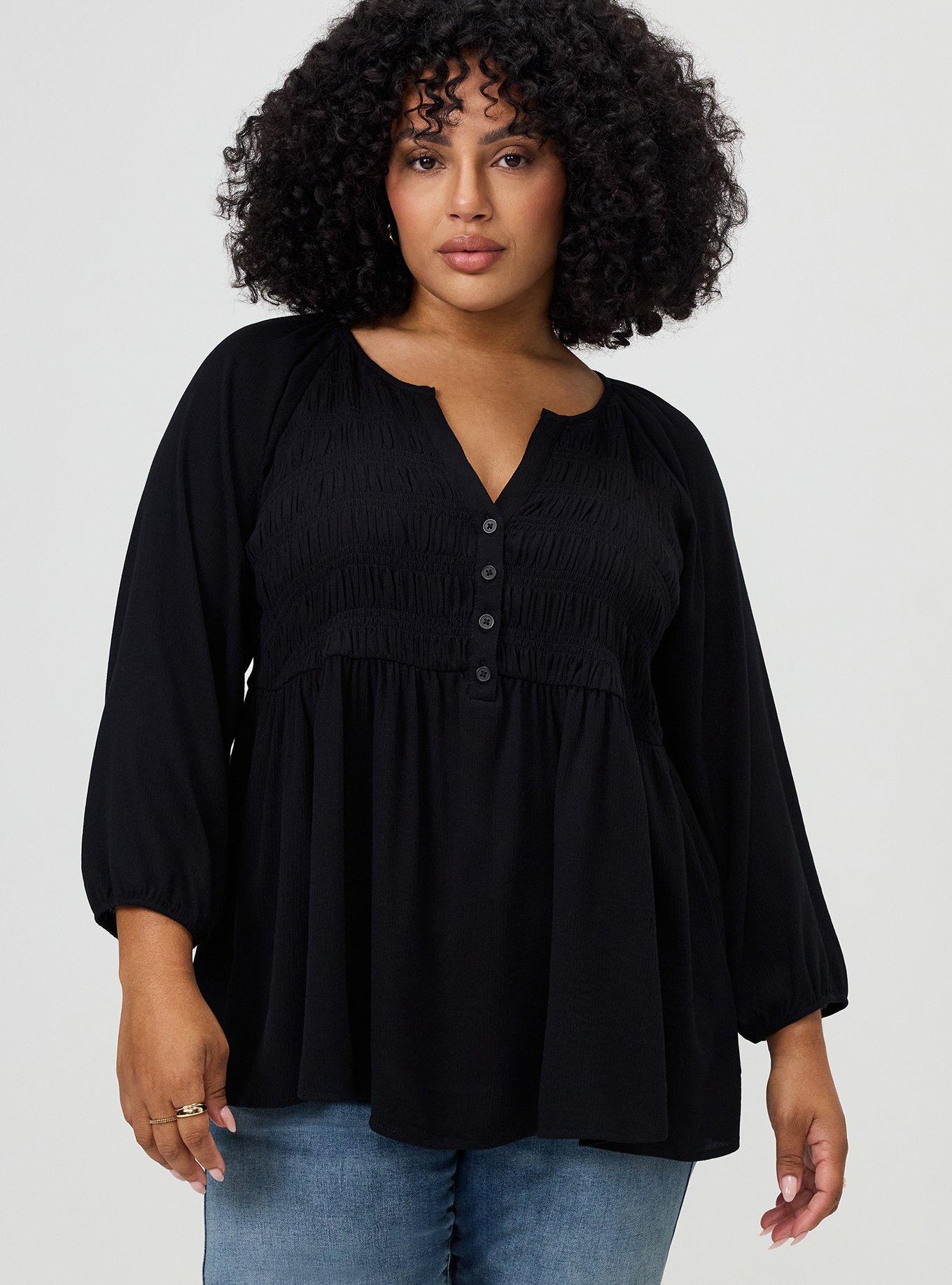 Plus Size Gauze Babydoll Henley 3/4 Sleeve, DEEP BLACK, hi-res