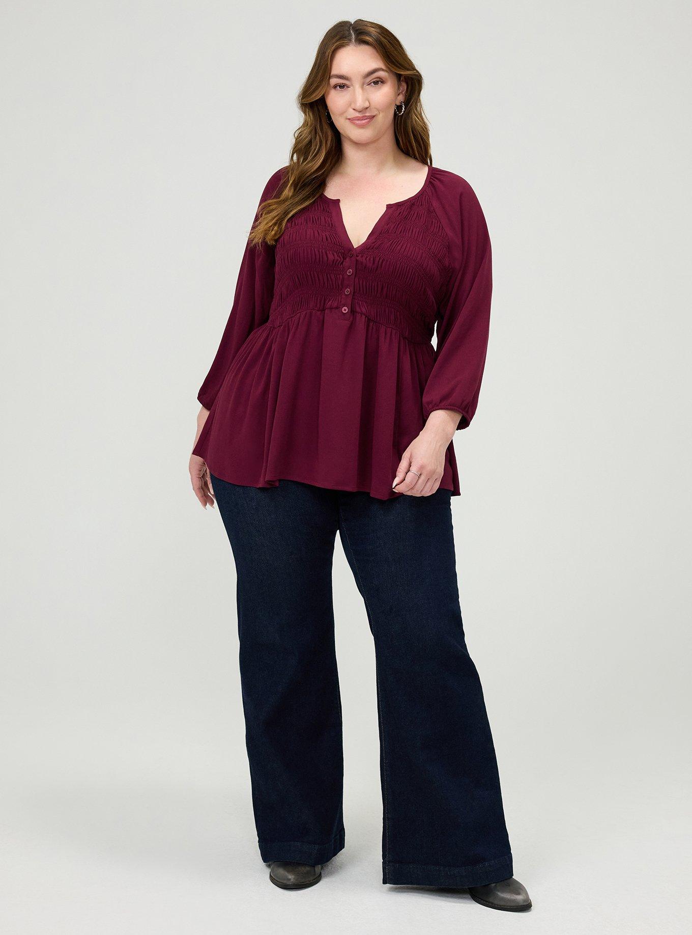 Plus Size Gauze Babydoll Henley 3/4 Sleeve, MAROON BANNER, alternate