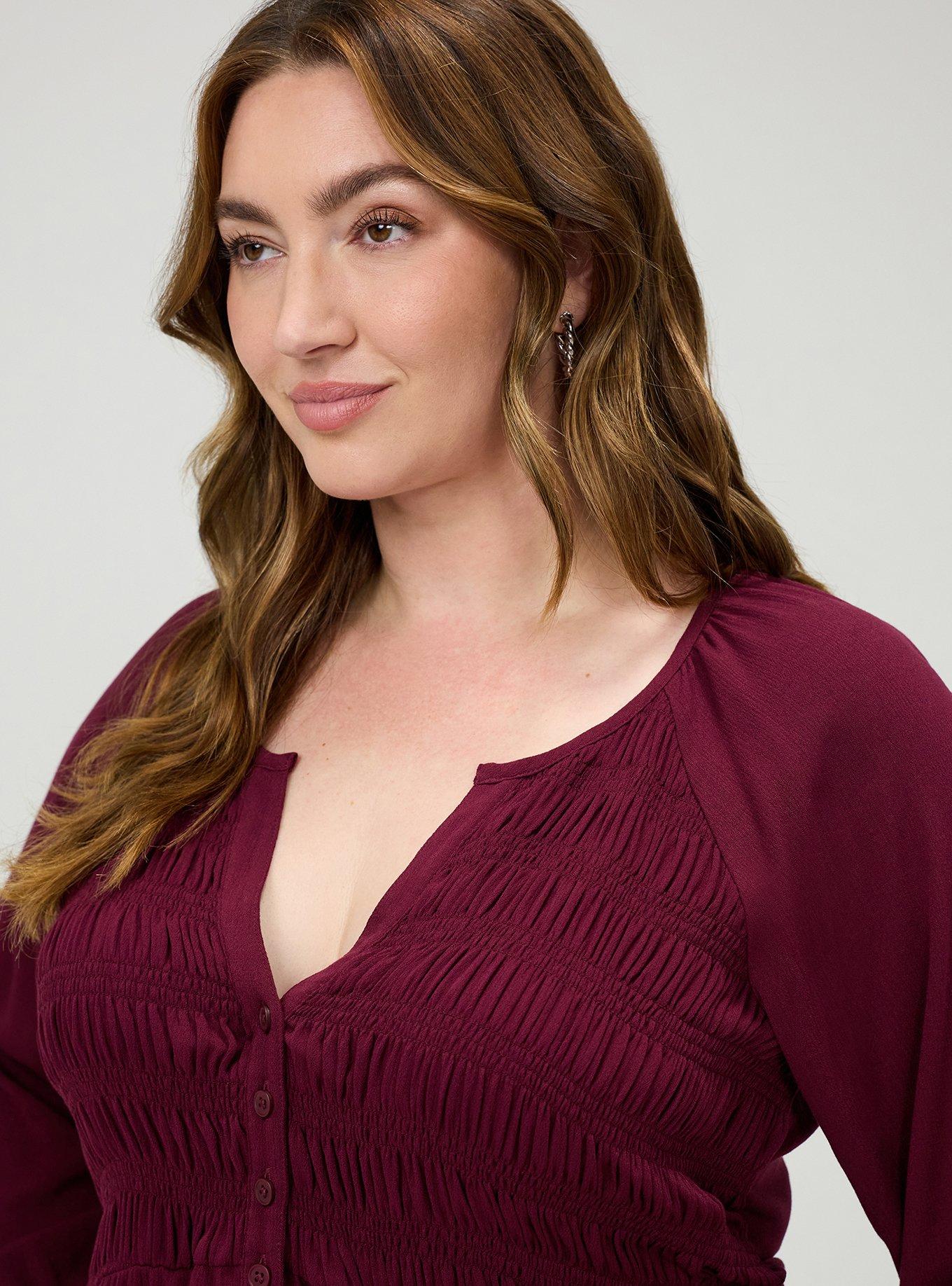 Plus Size Gauze Babydoll Henley 3/4 Sleeve, MAROON BANNER, alternate