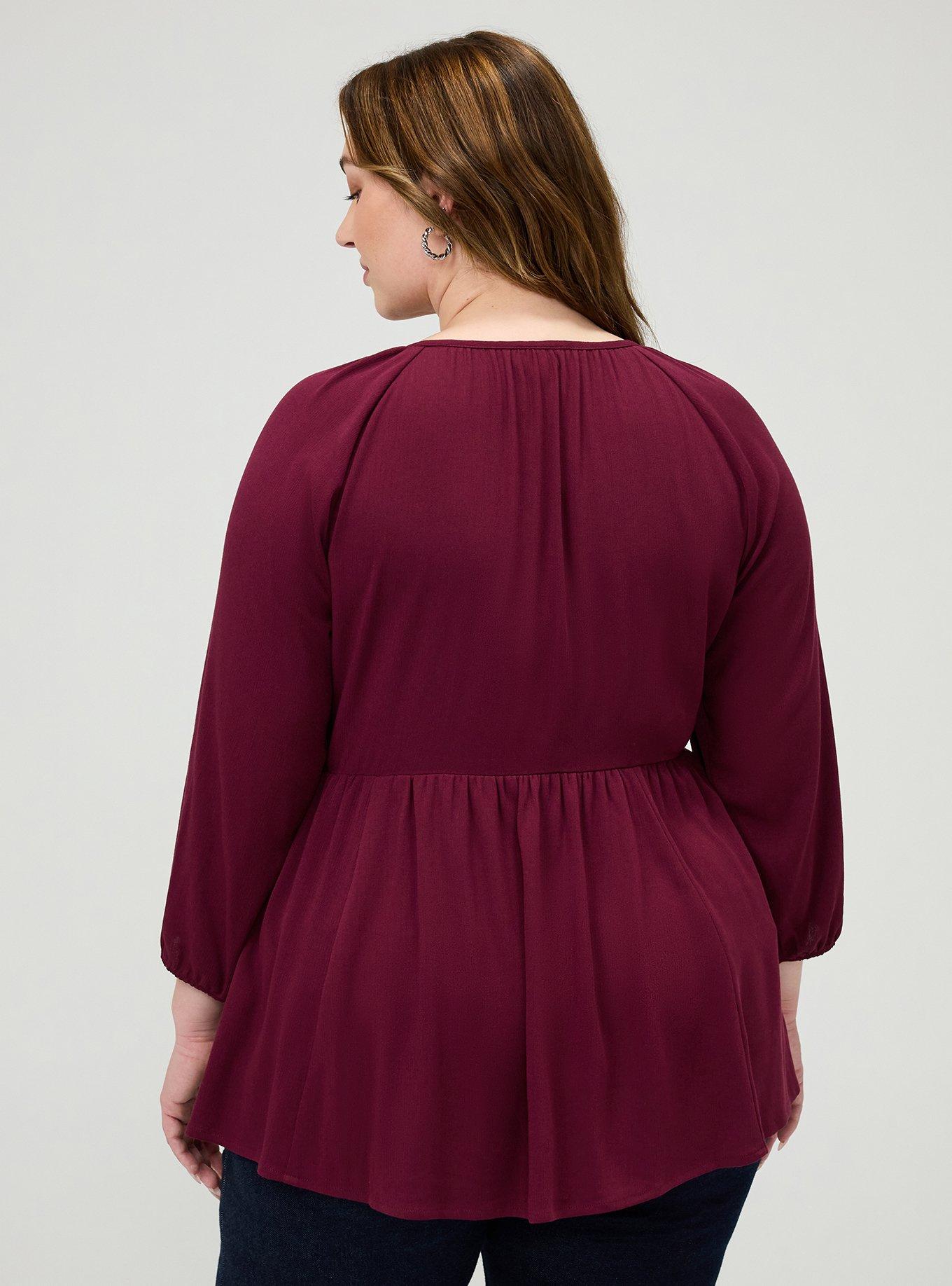 Plus Size Gauze Babydoll Henley 3/4 Sleeve, MAROON BANNER, alternate
