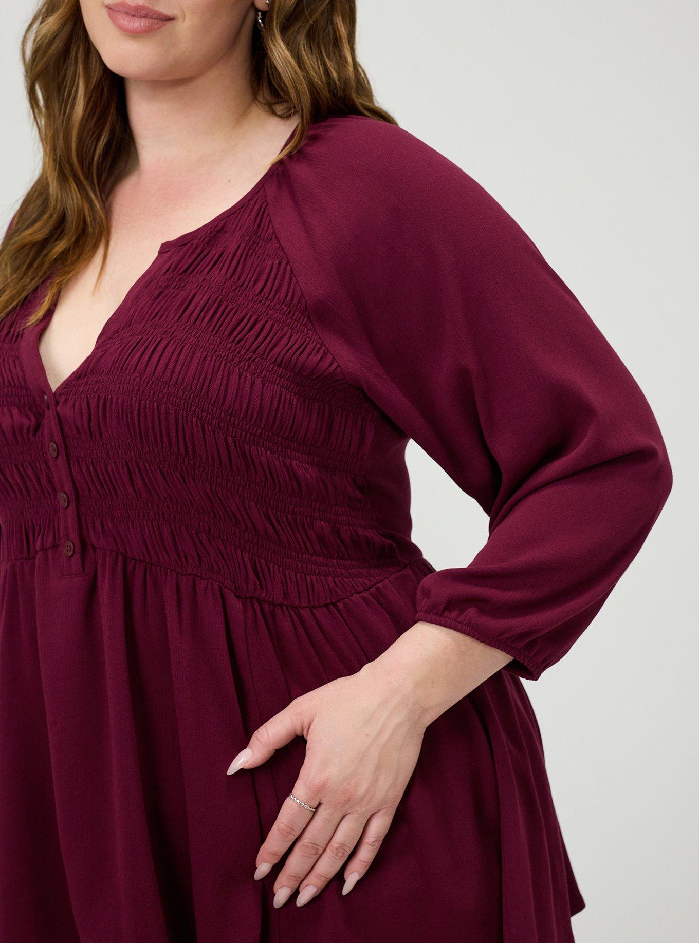 Plus Size Gauze Babydoll Henley 3/4 Sleeve, MAROON BANNER, alternate