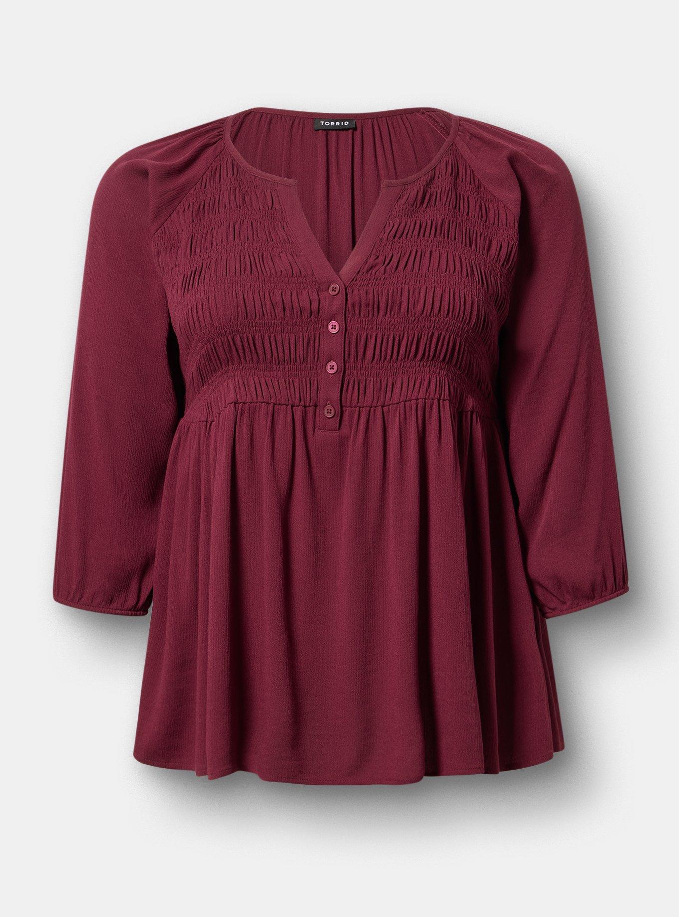 Plus Size Gauze Babydoll Henley 3/4 Sleeve, MAROON BANNER, flat
